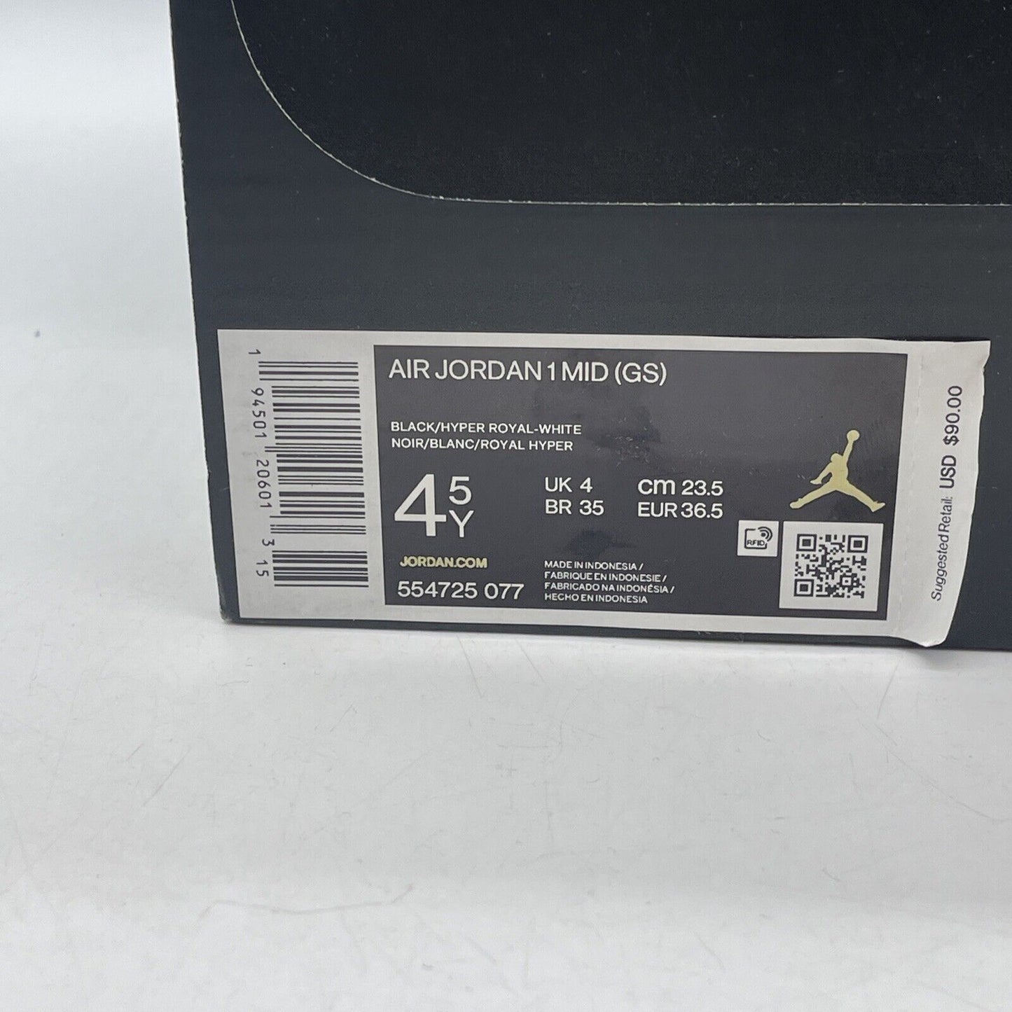 Size 4.5Y (GS) - Jordan 1 Mid Hyper Royal Blue Black White Leather (554725-077)