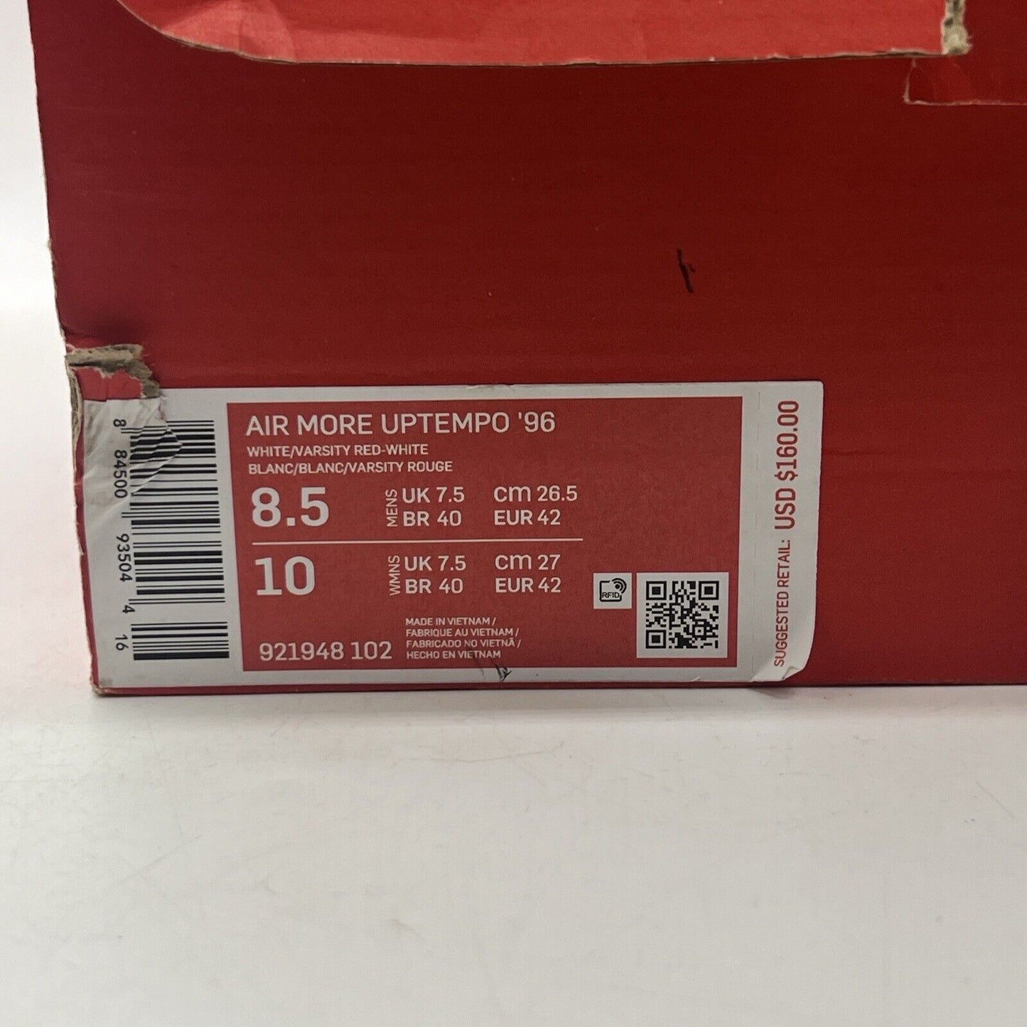 Size 8.5 - Nike Air More Uptempo White Varsity Red 2018 Leather (921948-102)