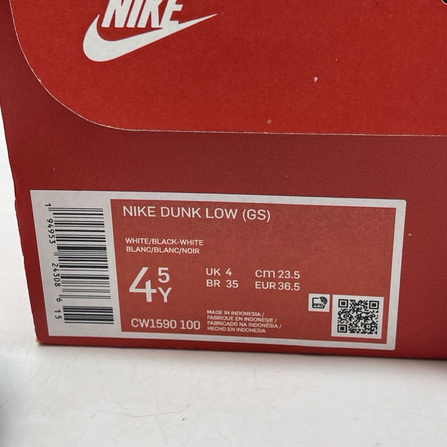 Size 4.5Y - Dunk Low GS Black white Leather (CW1590-100)