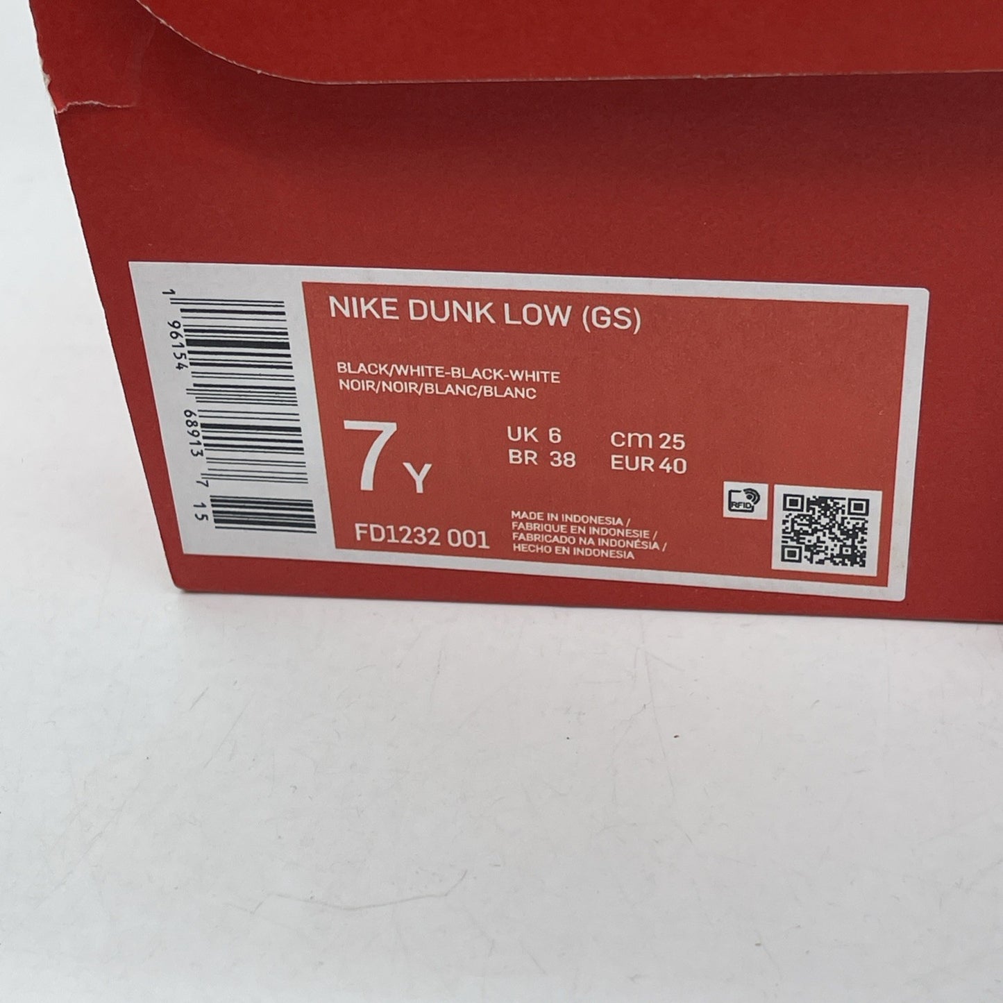 Size 7Y - Nike Dunk Low Black Panda 2.0 White Leather (FD1232-001)