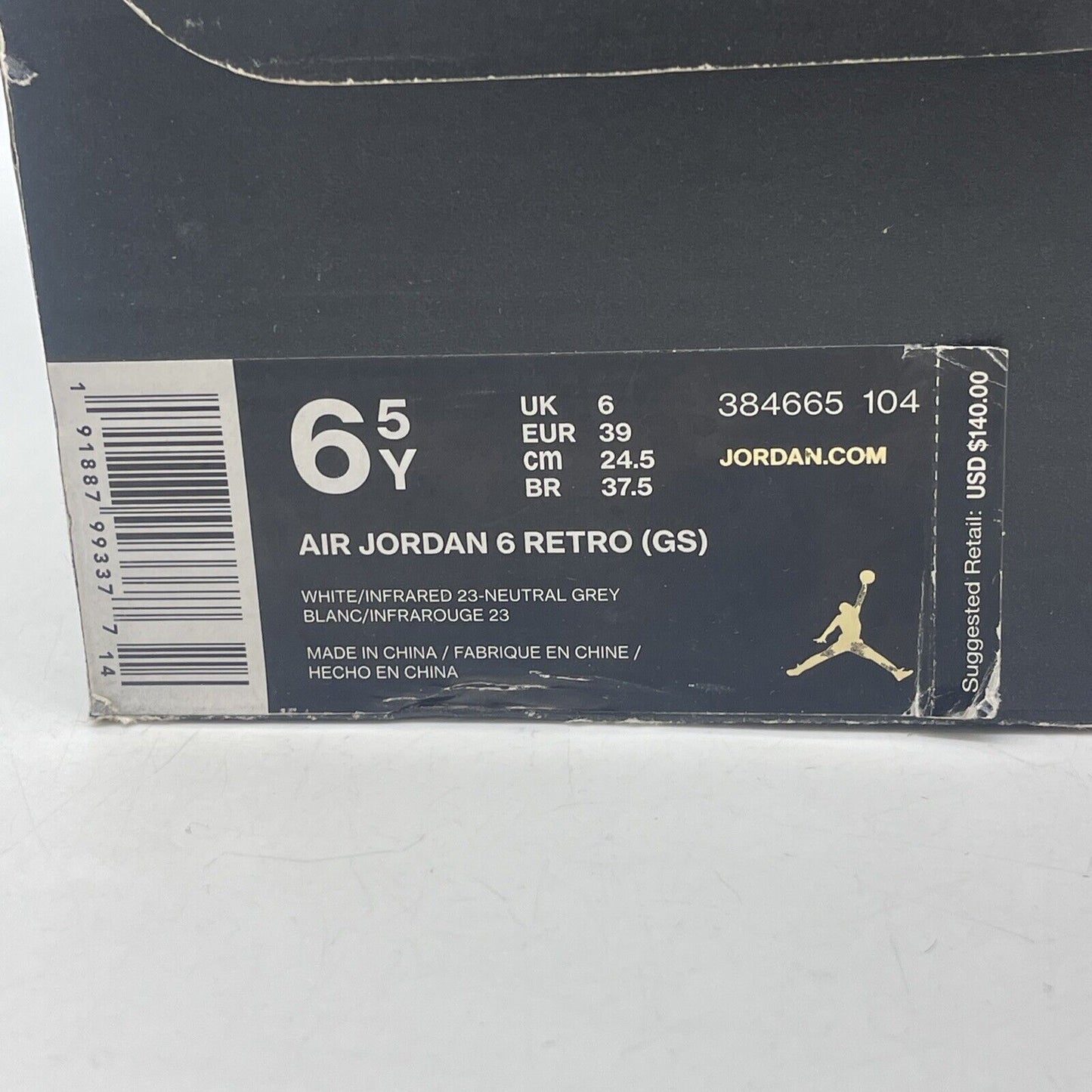 Size 6.5Y Air Jordan 6 GS TINKER White Leather Suede Grey (384665-104)