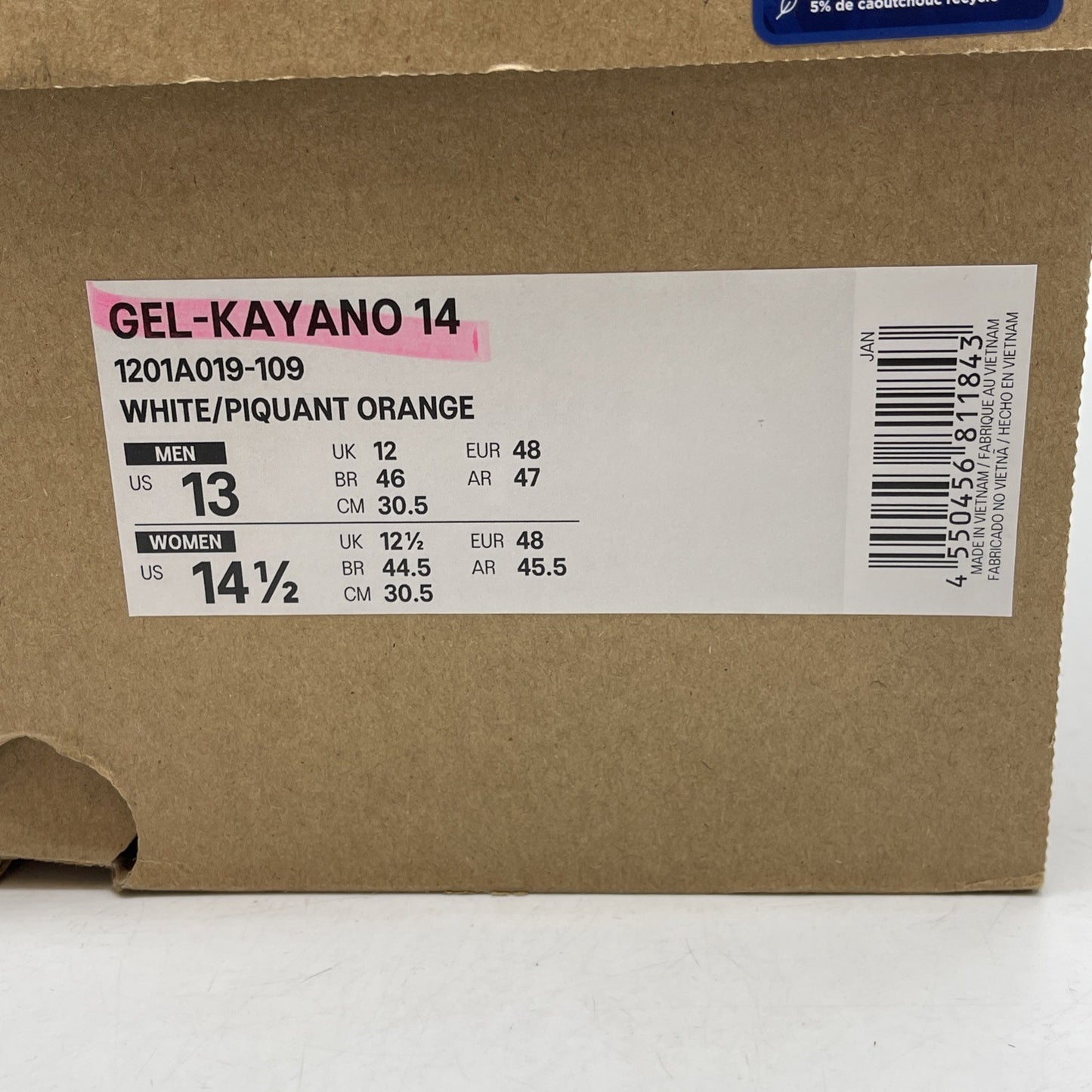 Size 13 - ASICS GEL-Kayano 14 White Piquant Orange (1201A019-109)