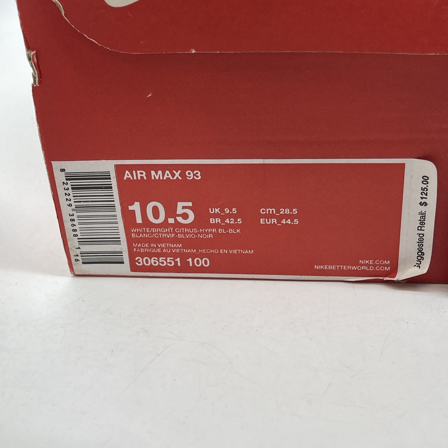 Size 10.5 - Nike Air Max 93 Bright Citrus White Blue Leather (306551-100)