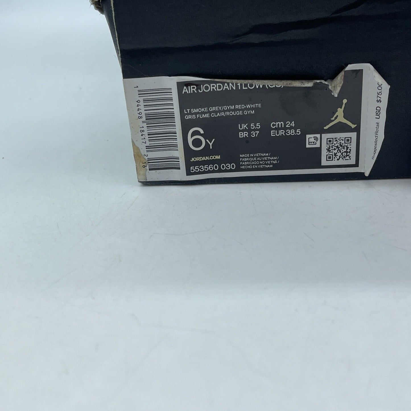 Size 6Y- Jordan 1 Low Light Smoke Grey Black White Red Leather (553560-030)