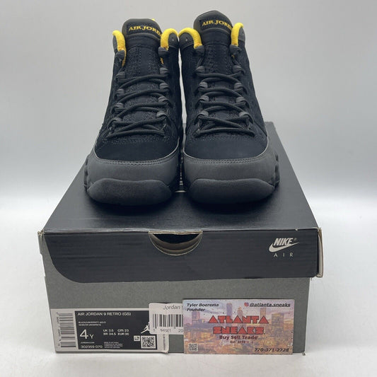 Size 4Y(GS) - Jordan 9 Retro Mid Dark Charcoal University Gold (302359-070)