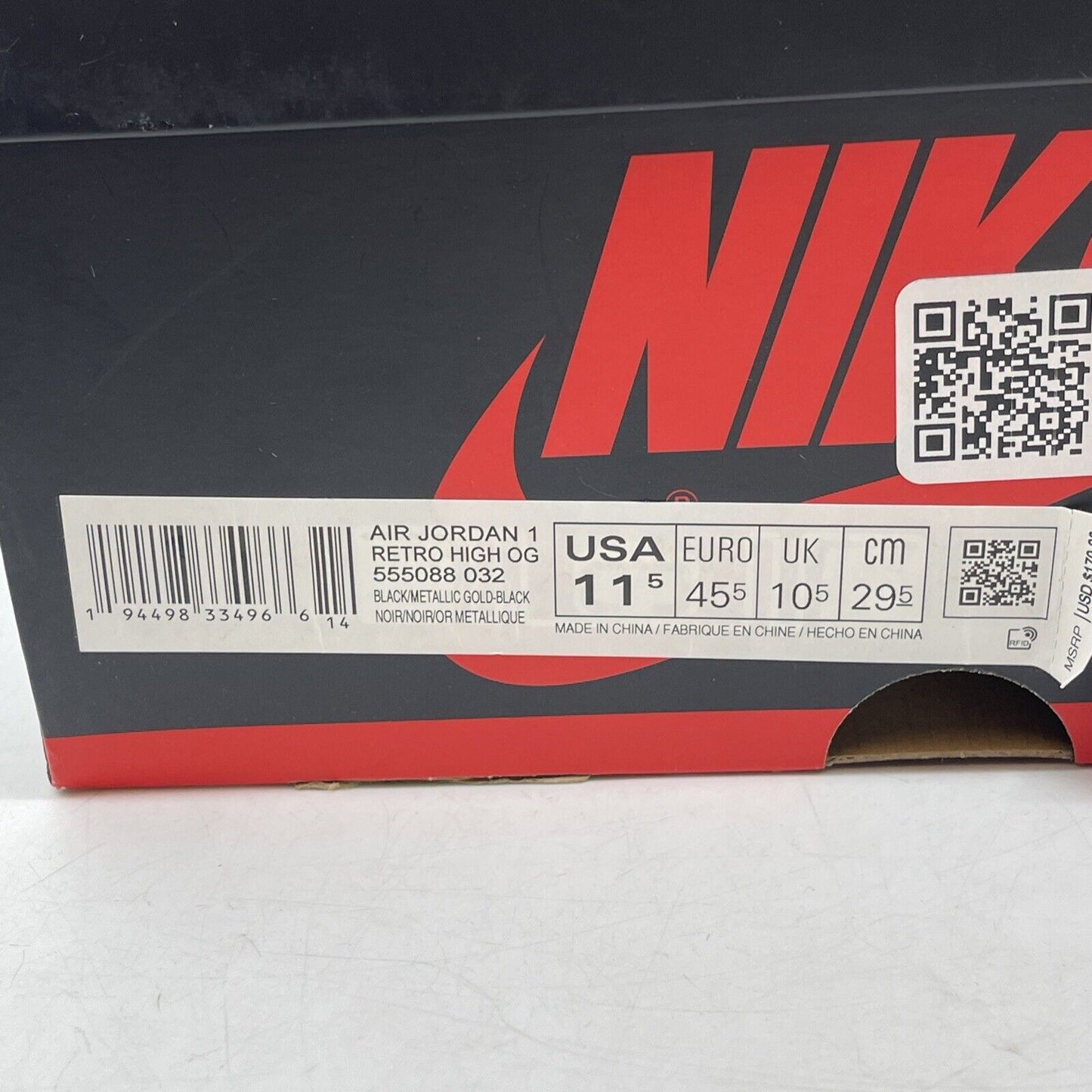Size 11.5 - Jordan 1 Black 2020 Leather Gold (555088-032)