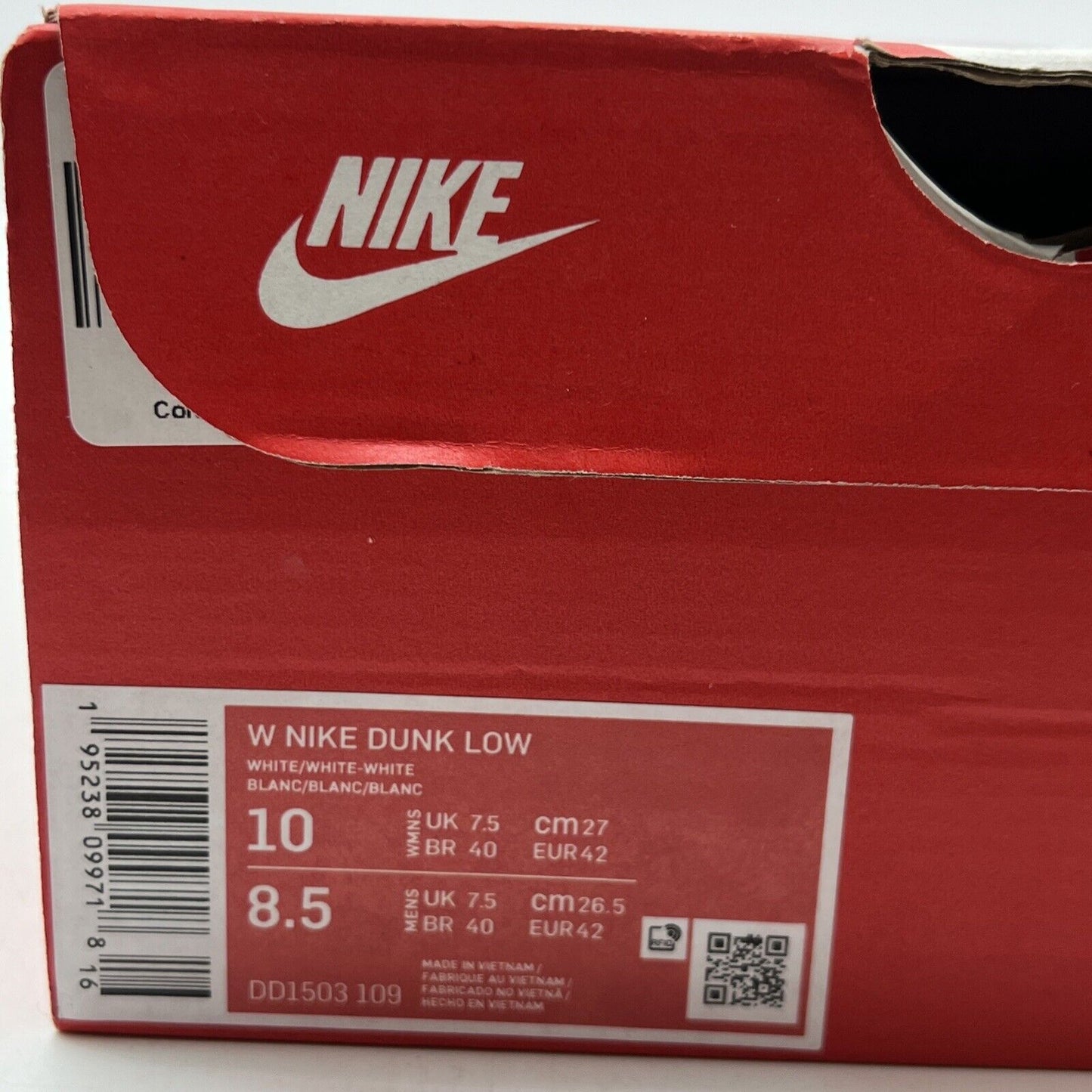 Size 10 - Nike Dunk Low Triple White W Leather (DD1503-109)