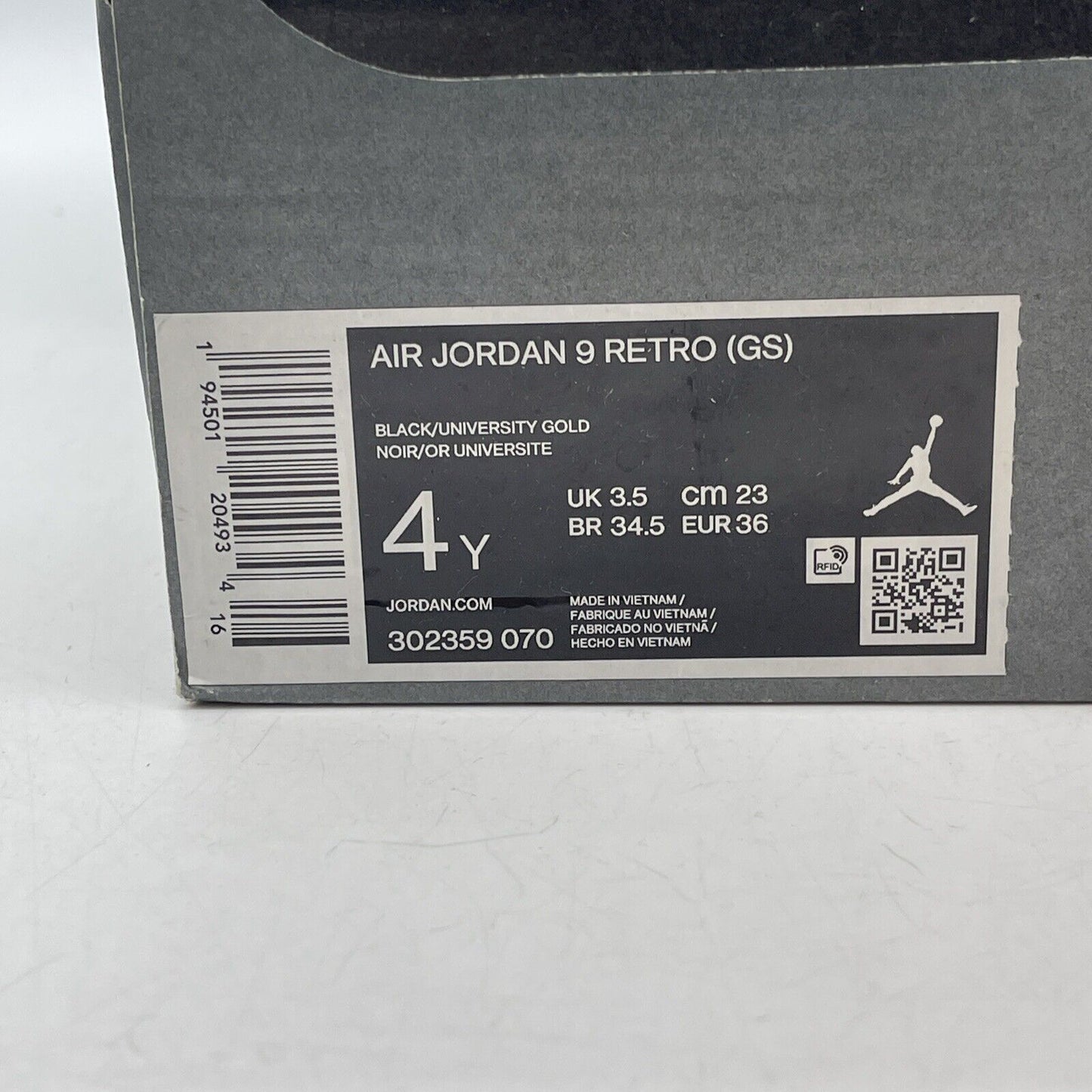Size 4Y(GS) - Jordan 9 Retro Mid Dark Charcoal University Gold (302359-070)