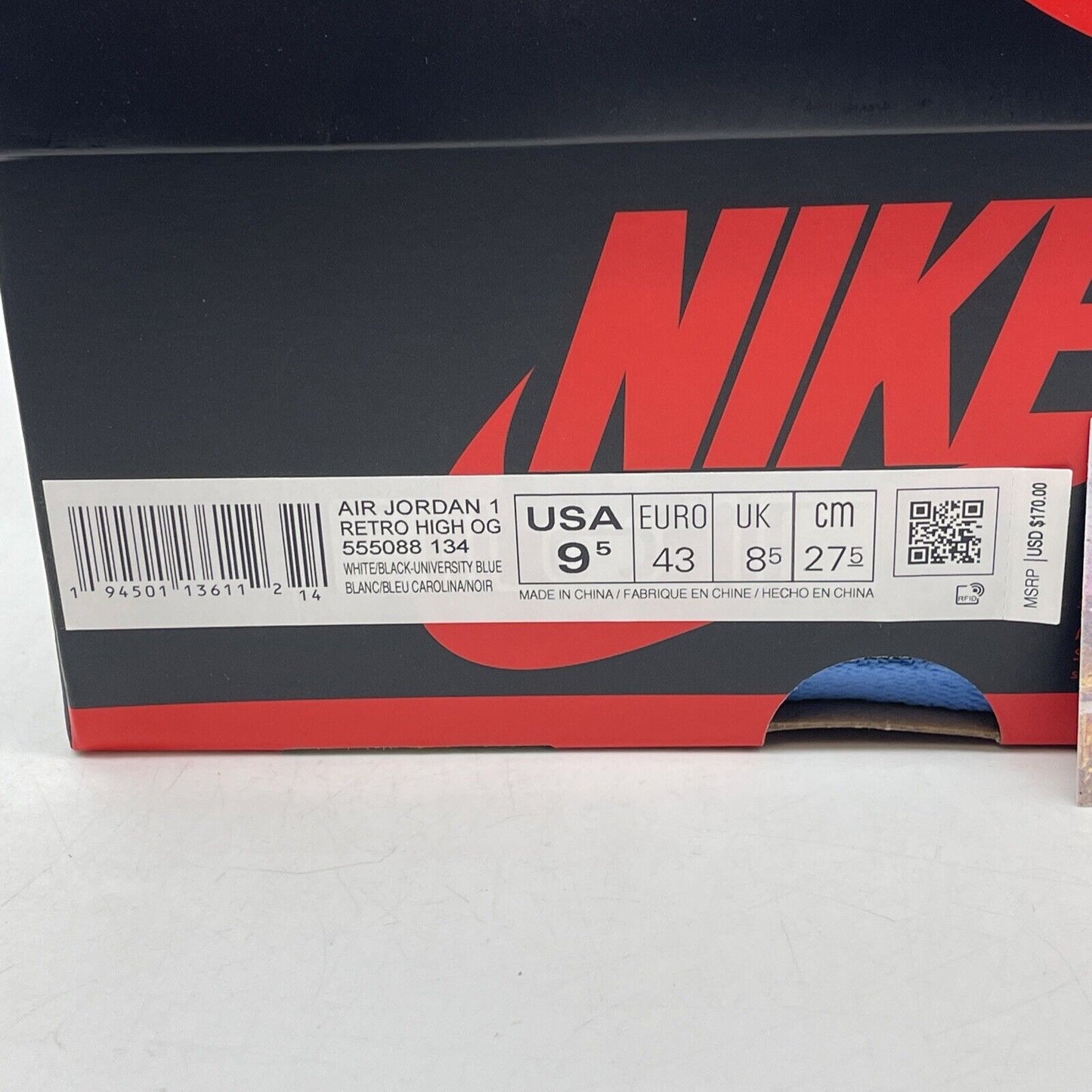 Size 9.5 - Jordan 1 Retro OG High University Blue White Black (555088-134)