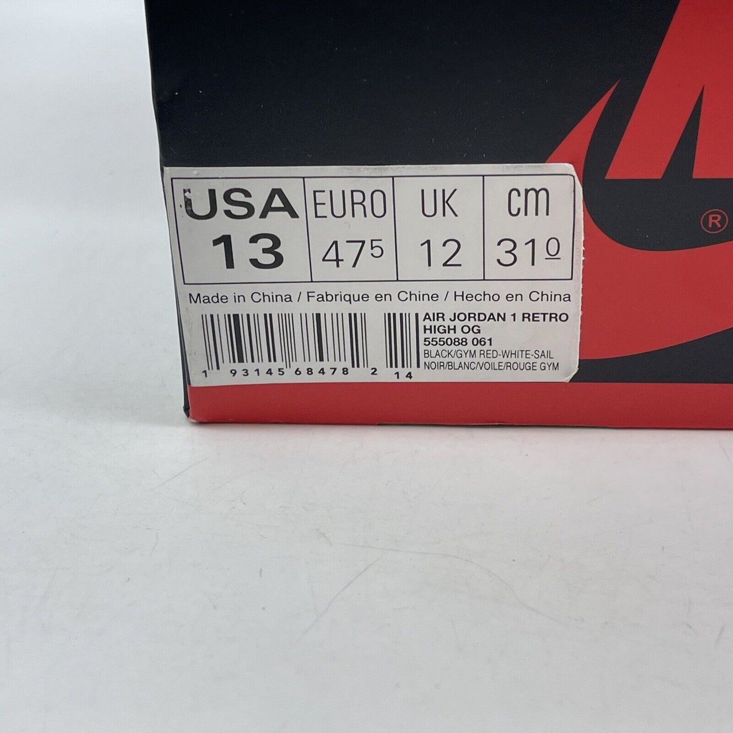 Size 13 - Jordan 1 Retro High OG Gym Red White Black Leather (555088-061)