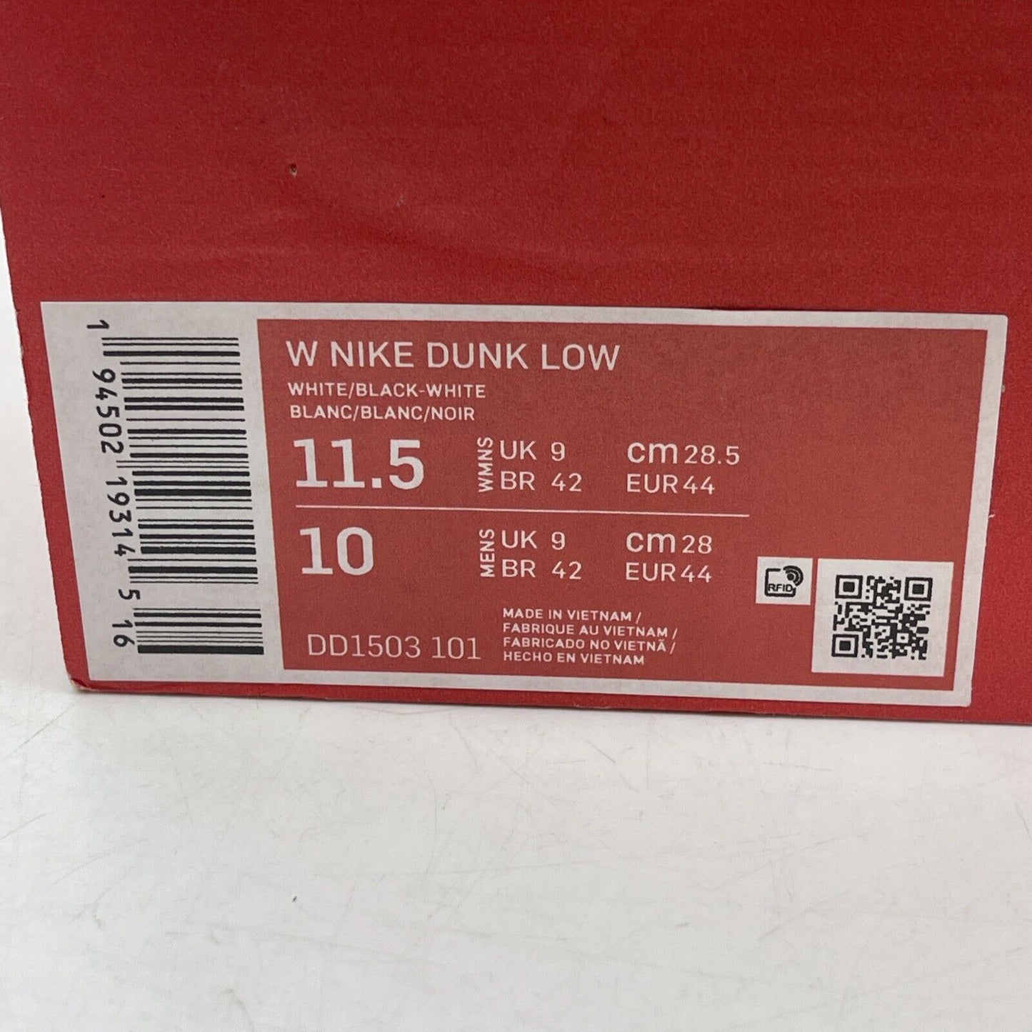 Size 11.5W - Nike Dunk Low Black White Leather (DD1503-101)