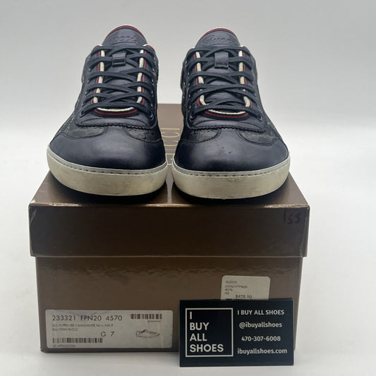 Size 7G -Gucci Mens GG Motif Sneakers Navy Blue Embossed Leather Low Top Lace Up