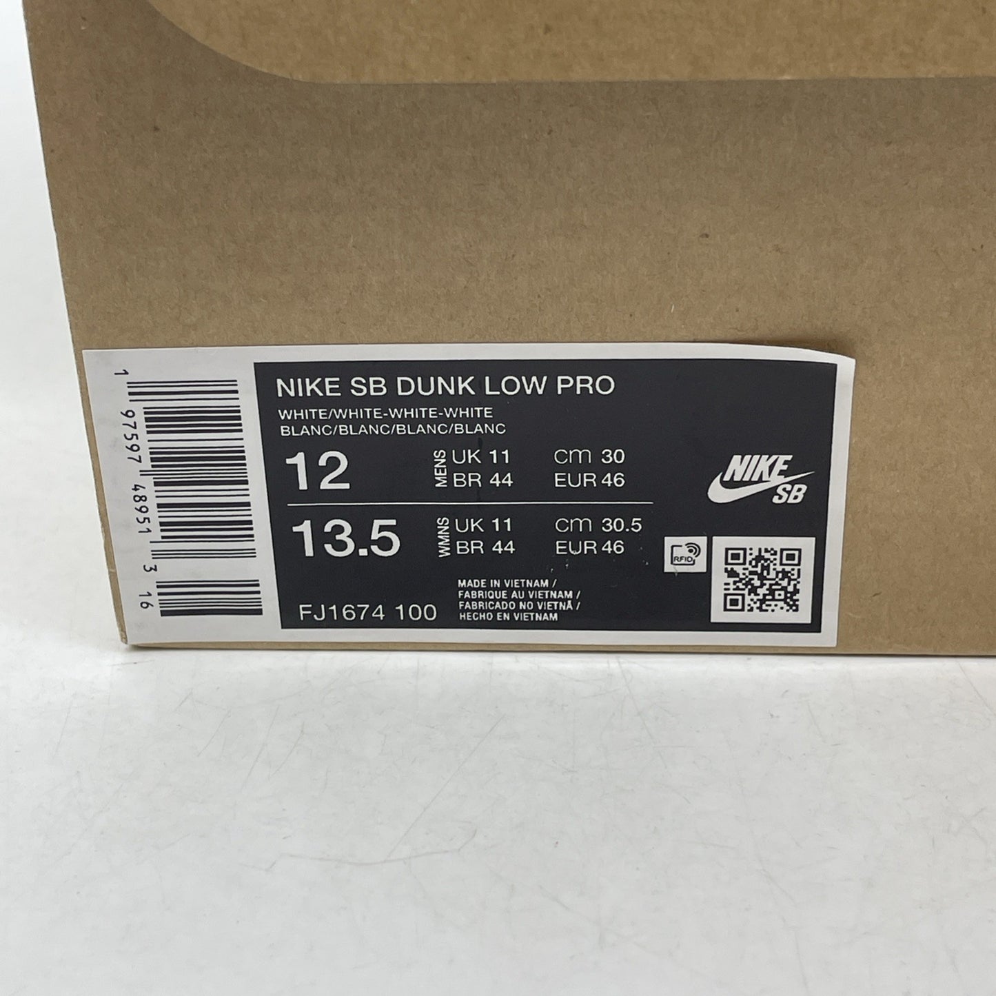 Size 12 - Nike SB Dunk Low Pro Triple White (FJ1674-100)