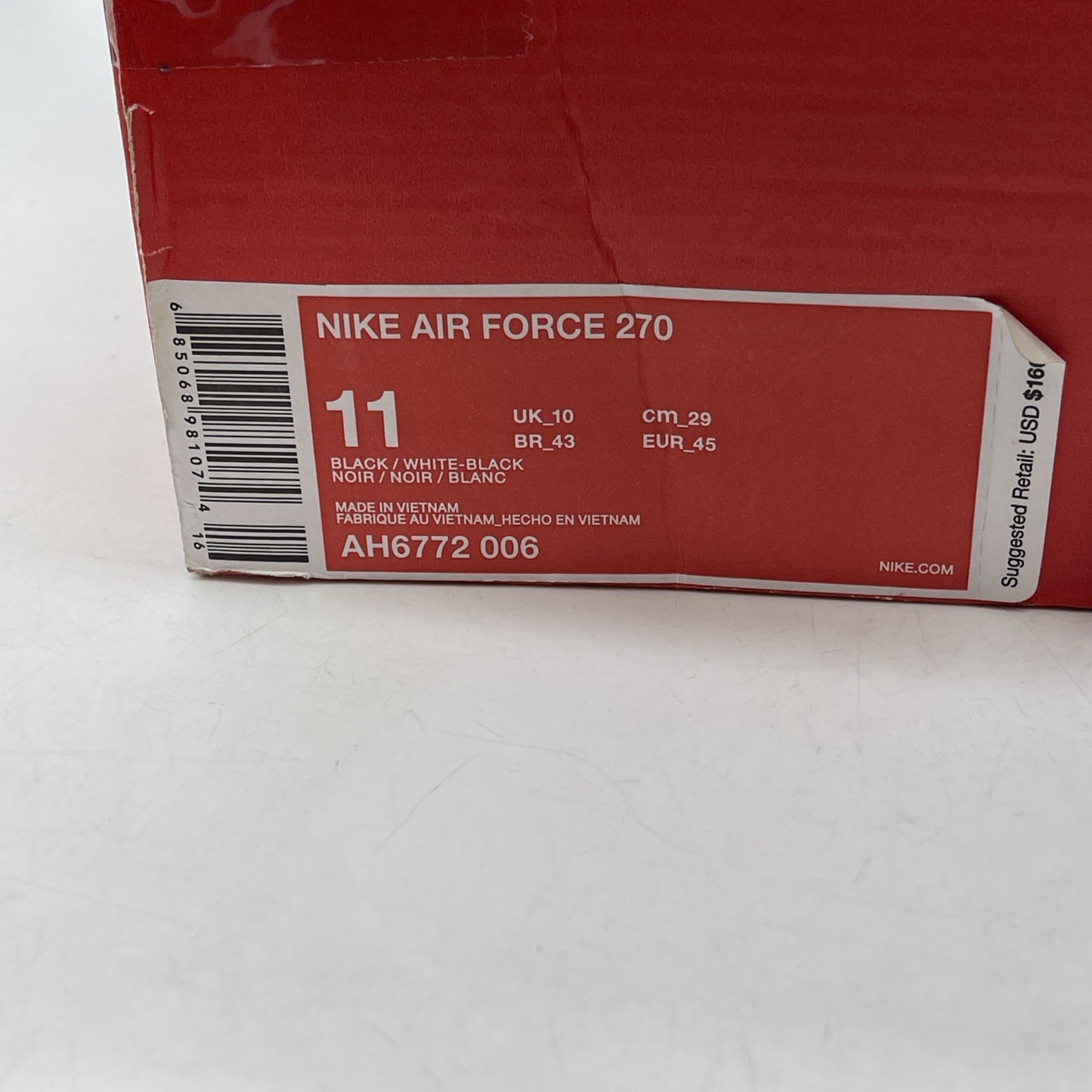 Size 11 - Nike Air Force 270 Black White Suede Leather (AH6772-006)