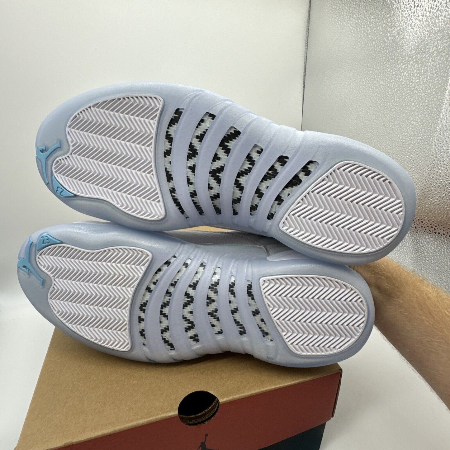 Size 12 - Jordan 12 Retro Low Easter white icy, blue leather suede, shiny new
