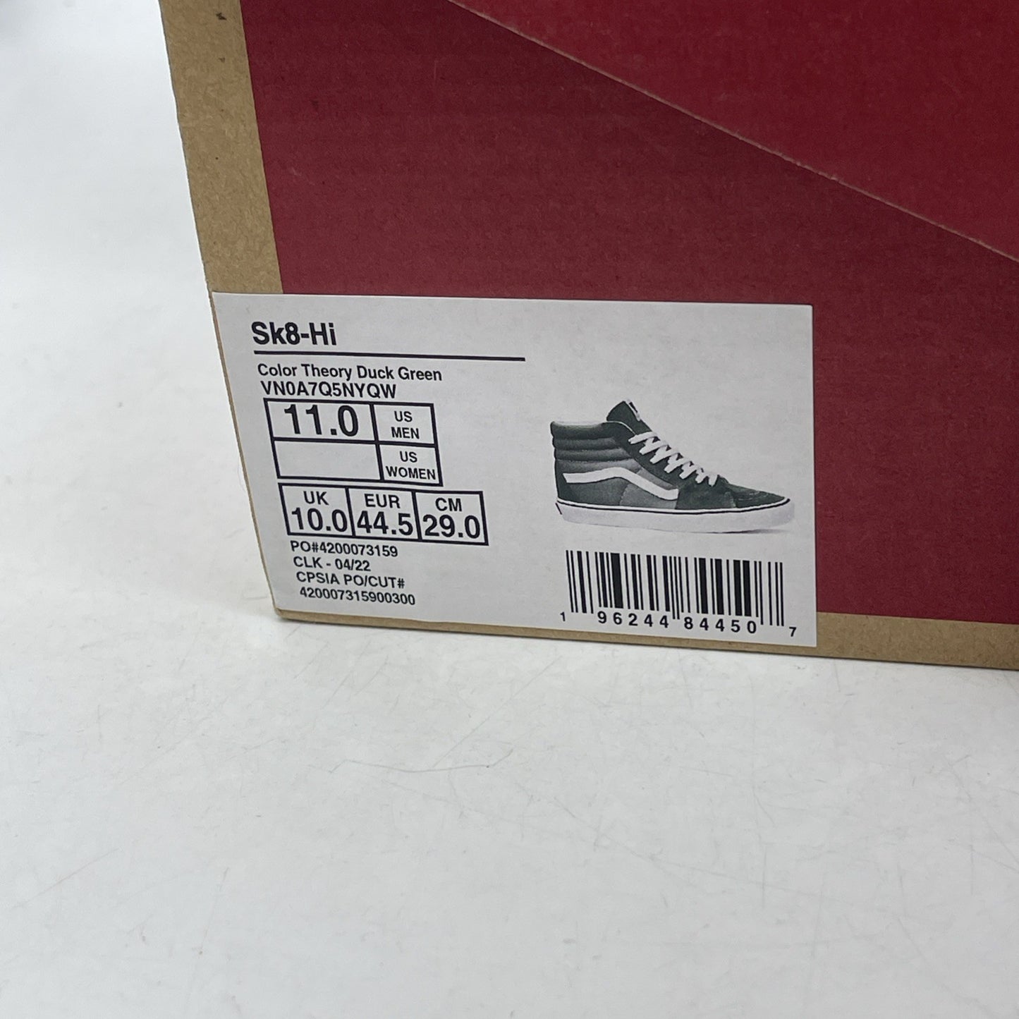 Size 11 - VANS Sk8 Hi Color Theory Duck Green White (VN0A7Q5NYQW)