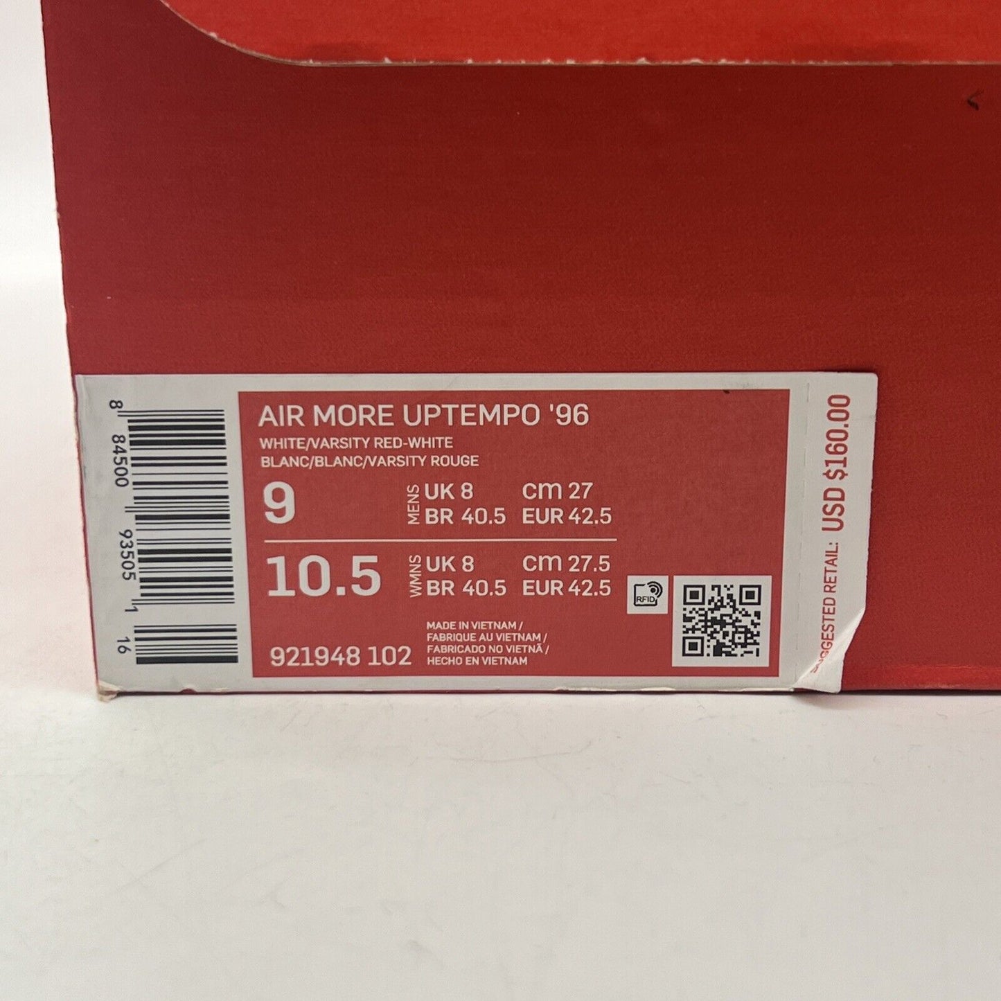 Size 9 - Nike Air More Uptempo White Varsity Red 2018 (921948-102)
