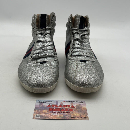 Size 7 - Gucci Sneakers Glitter Web Leather Silver Metallic High Top