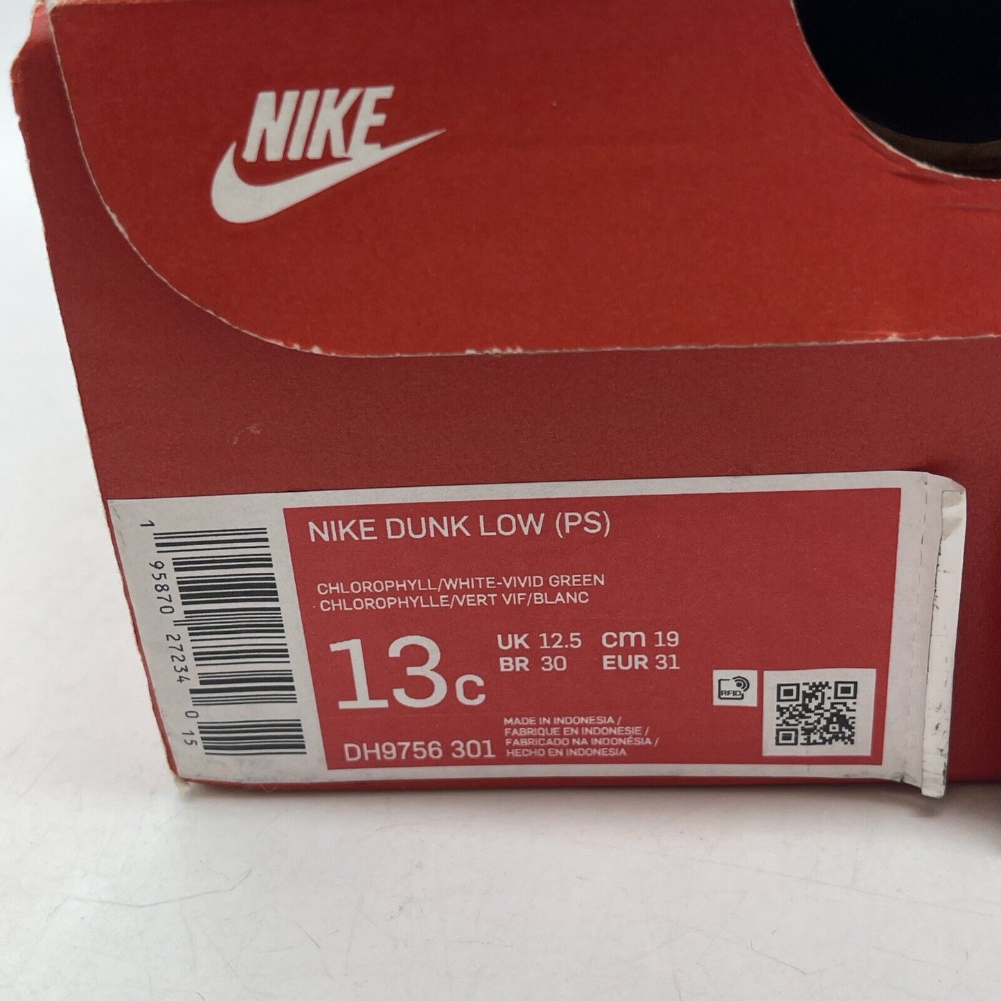 Size 13C (PS) - Nike Dunk Low Chlorophyll Green White Leather (DH9756-301)