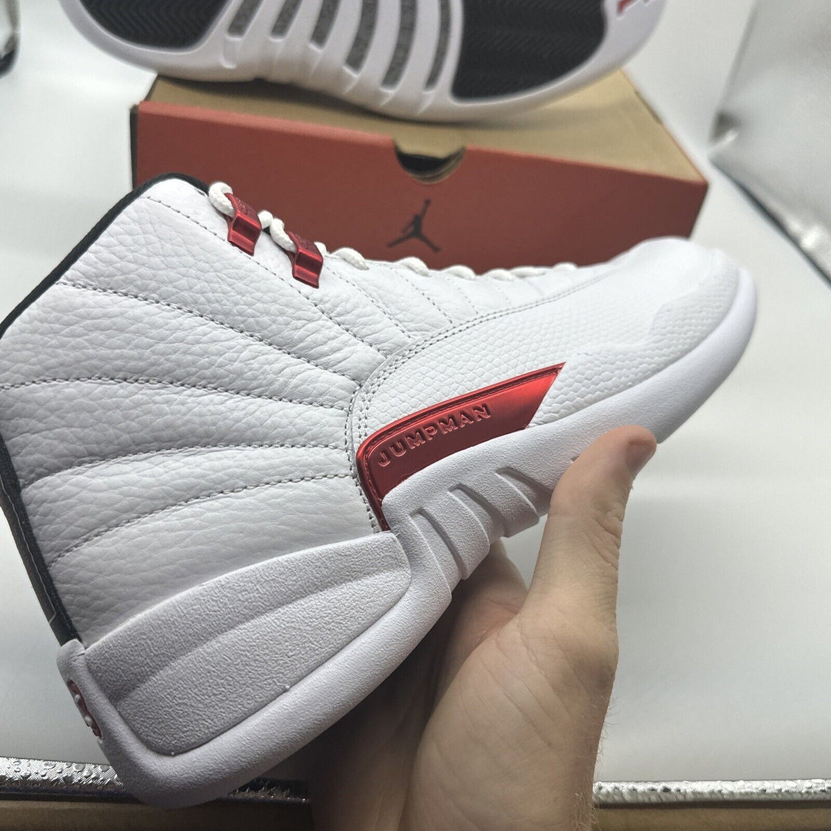 Size 8.5 - Jordan 12 Retro Twist 2021 White Leather Red Accents Black Sole New O