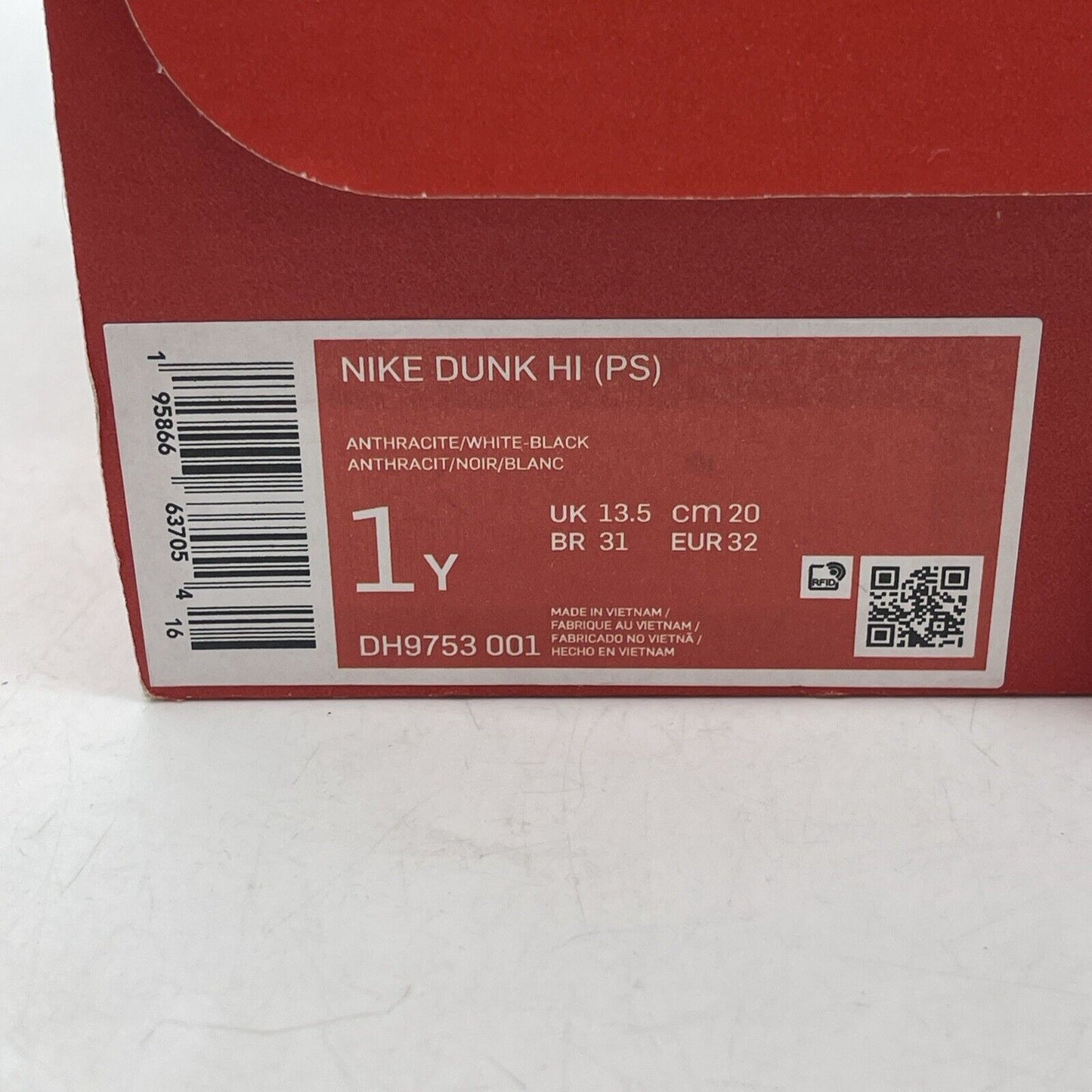 Size 1Y (GS) - Nike Dunk High Anthracite White Black Leather (DH9753-001)