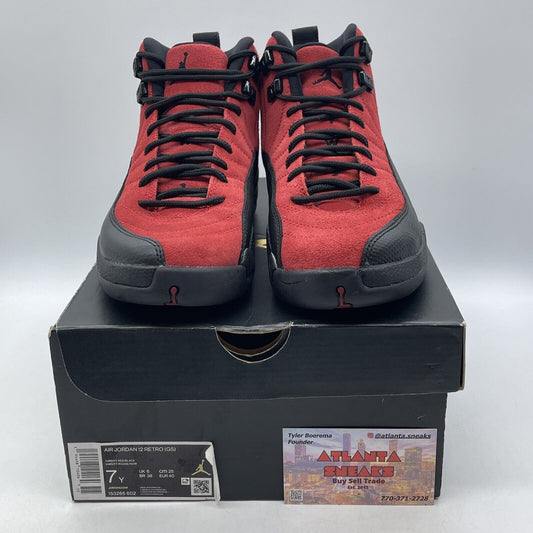 Size 7Y - Jordan 12 Retro Reverse Flu Game Red Suede Black Leather (153265-602)