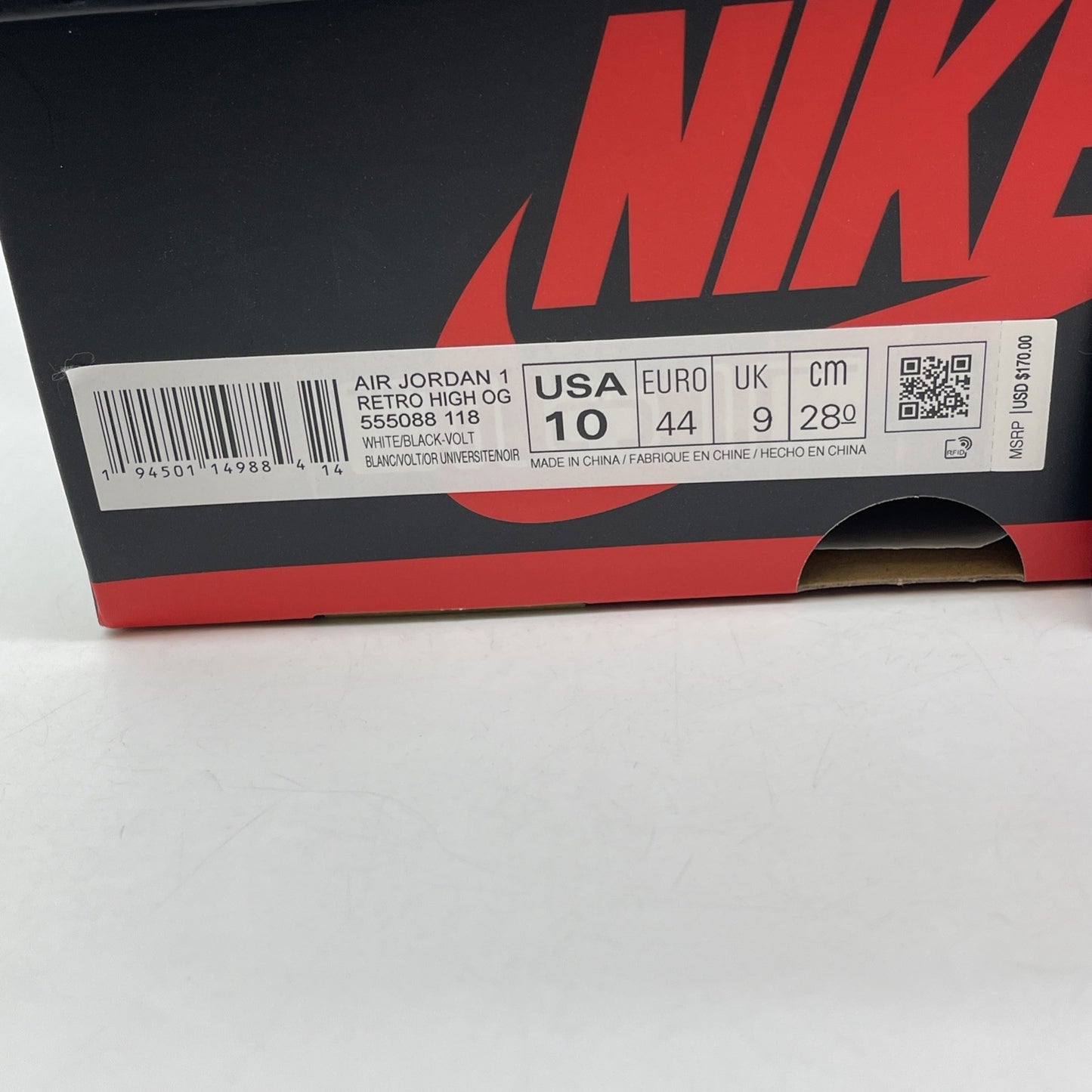 Size 10 - Jordan 1 Retro High OG Volt White Black Yellow Leather (555088-118)