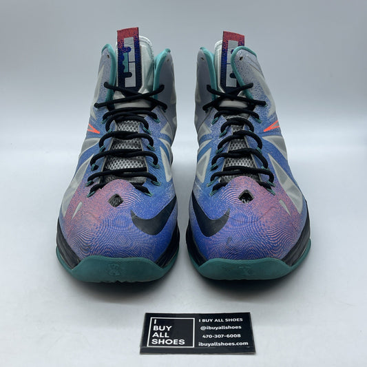 Size 14 - Nike LeBron 10 Pure Platinum Grey Black Blue Leather (541100-008)