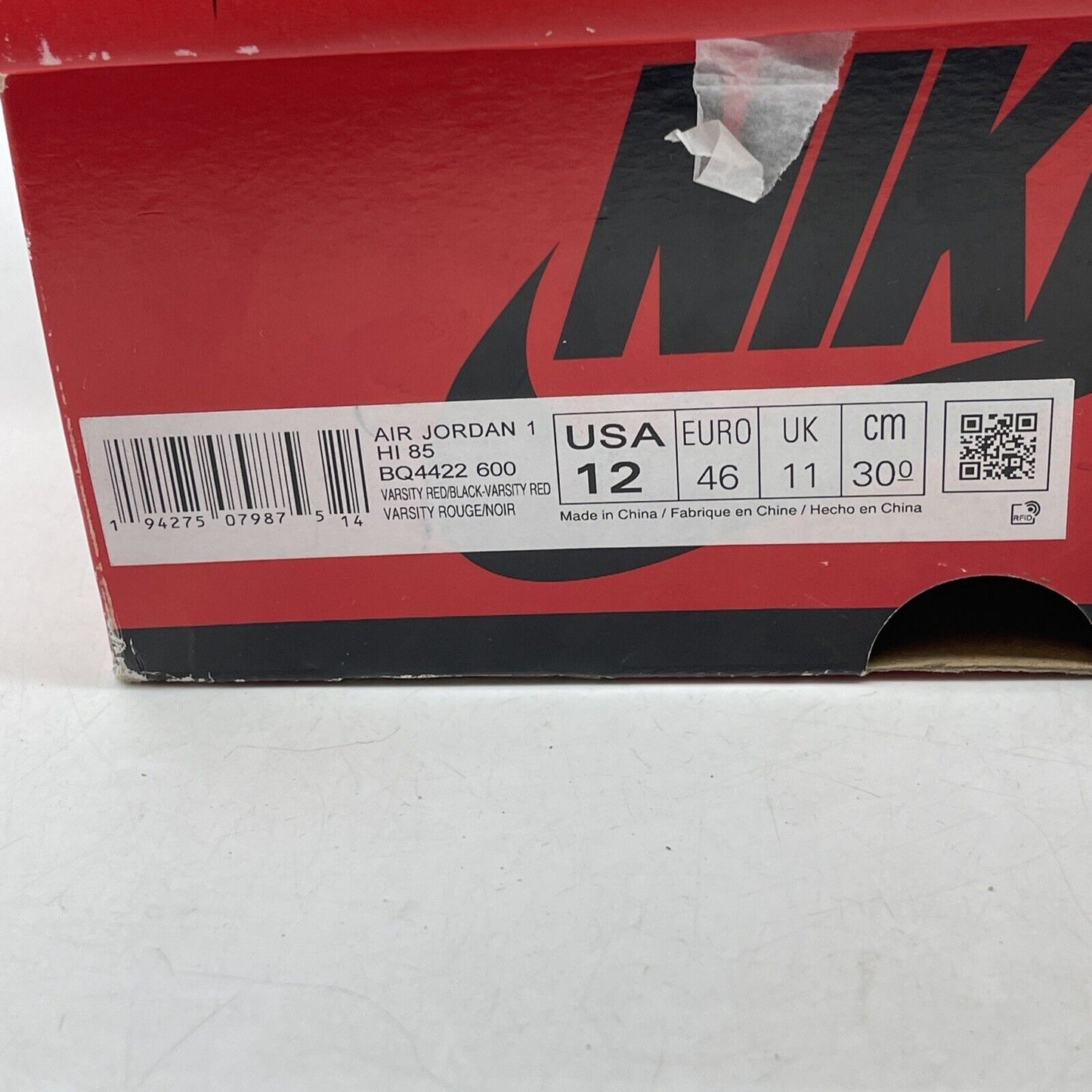 Size 12 - Jordan 1 Retro High 85 Varsity Red Black White Leather (BQ4422-600)