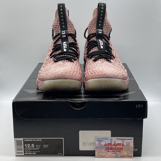 Size 12.5 - Nike LeBron 15 Hollywood Pink Black Suede Gold White (897650-600)