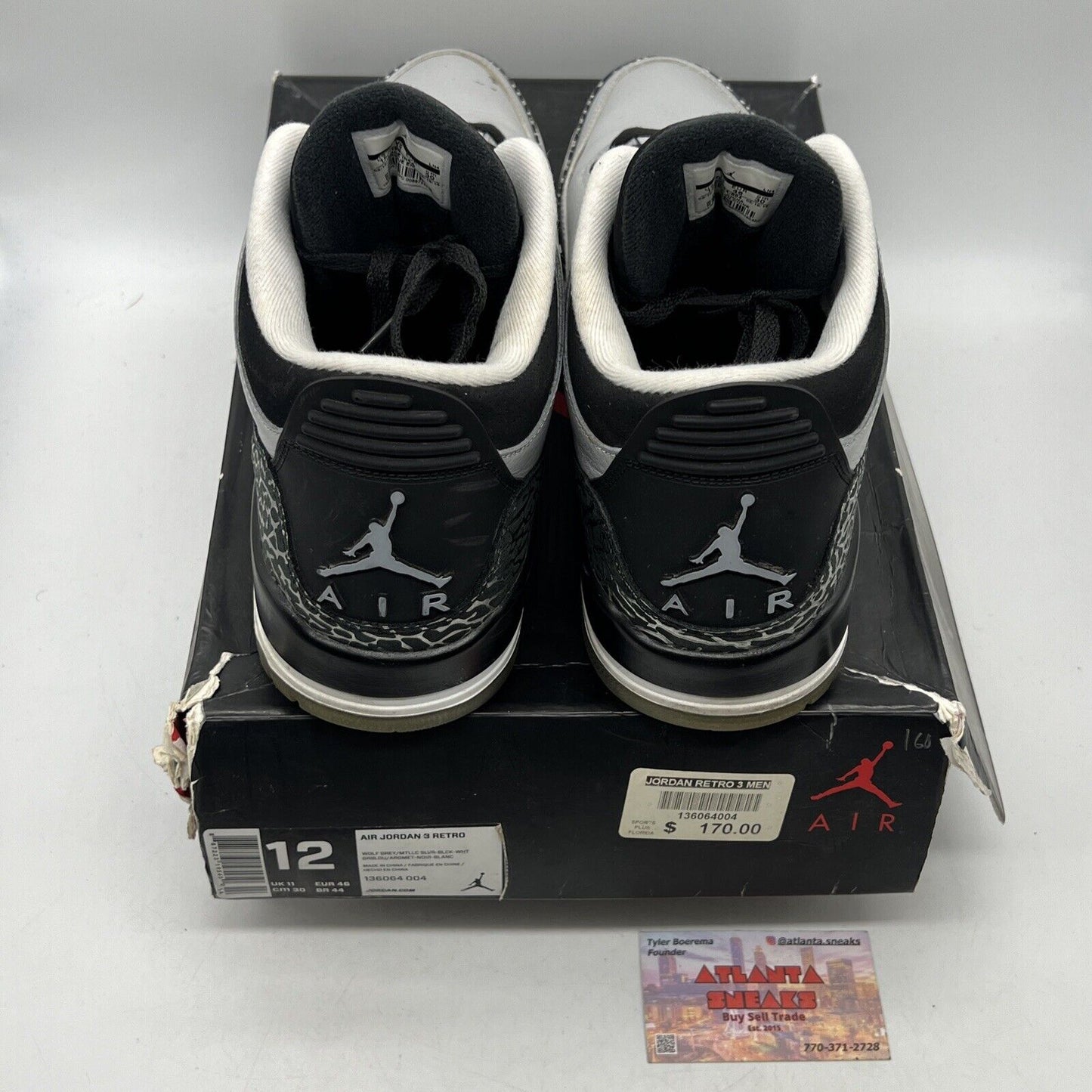 Size 12 - Air Jordan 3 Retro Wolf Grey Black Leather White (136064-004)