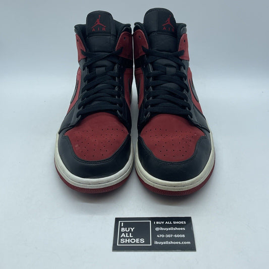 Size 12 - Air Jordan 1 Mid Reverse Banned Red Black Suede Leather (554724-610)
