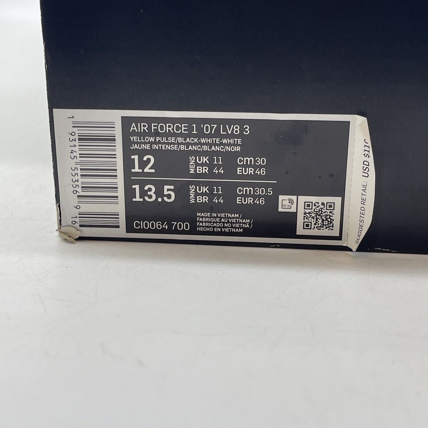 Size 12 - Nike Air Force 1 '07 LV8 Low Yellow Pulse Black White (CI0064-700)