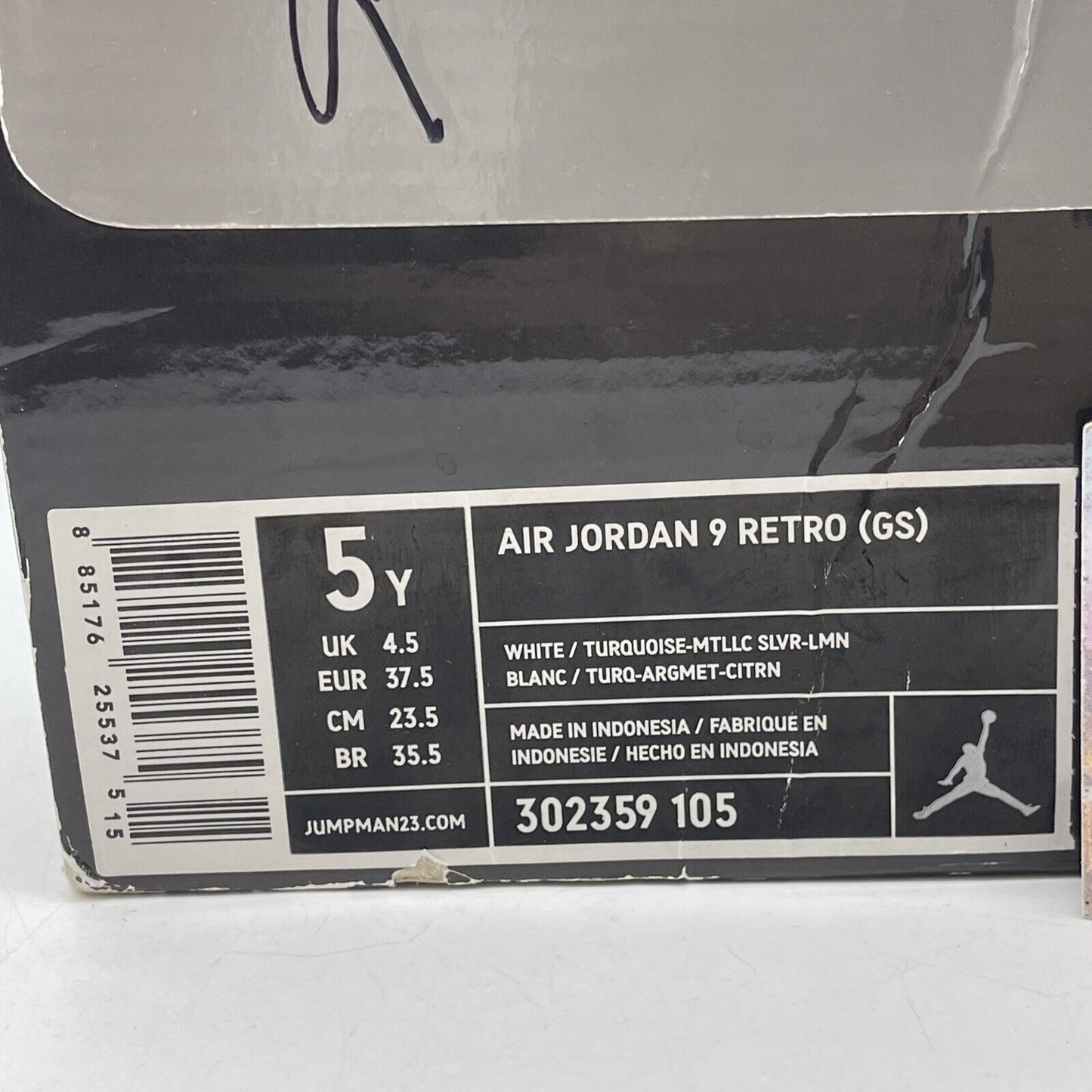 Size 5Y - Nike Air Jordan 9 Retro White Turquoise Metallic Silver (302359-105)