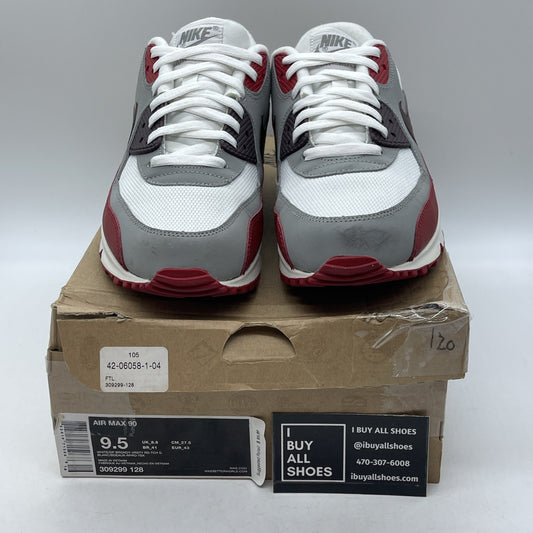 Size 9.5 - Nike Air Max 90 White Grey Red Leather Suede (309299-128)