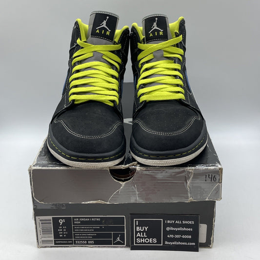 Size 9.5 - Air Jordan 1 Retro High Black Cyber Green Blue Suede (332550-005)