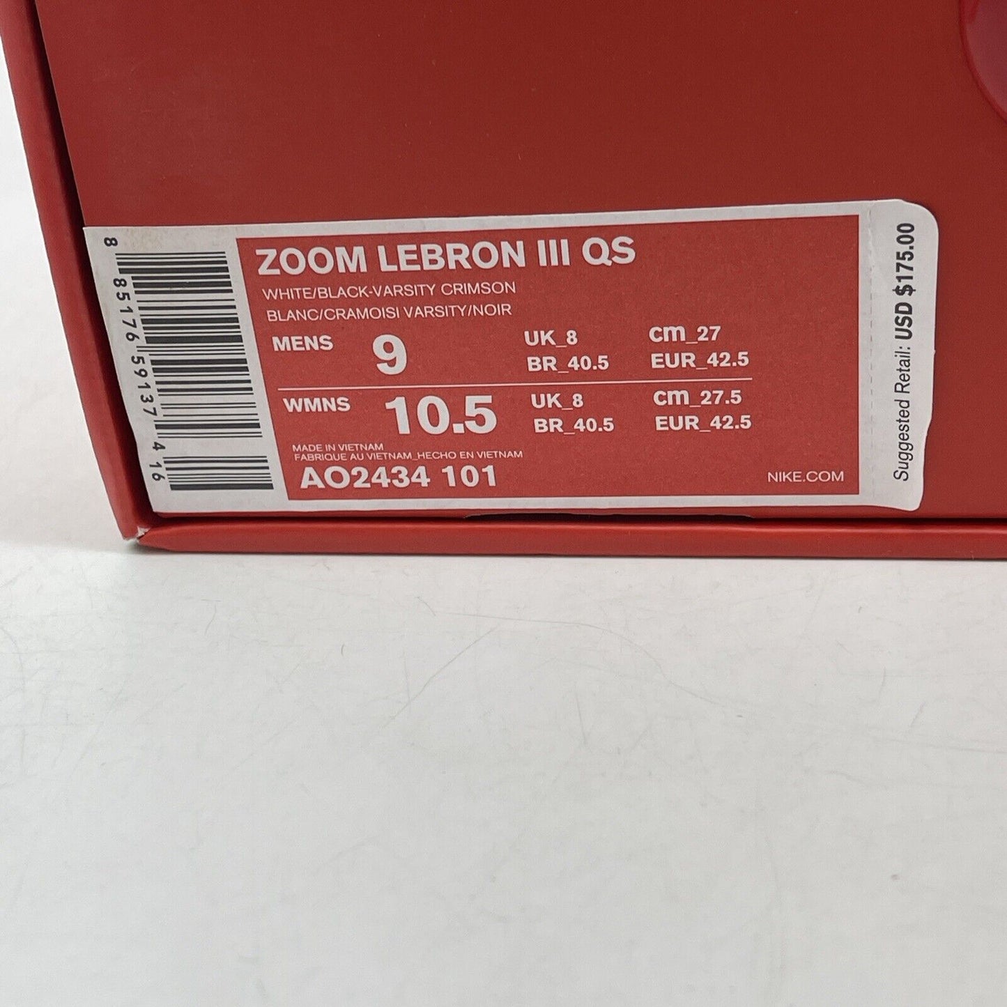 Size 9 - Nike Zoom LeBron 3 Retro QS 2019 Home Black White Red (AO2434-101)