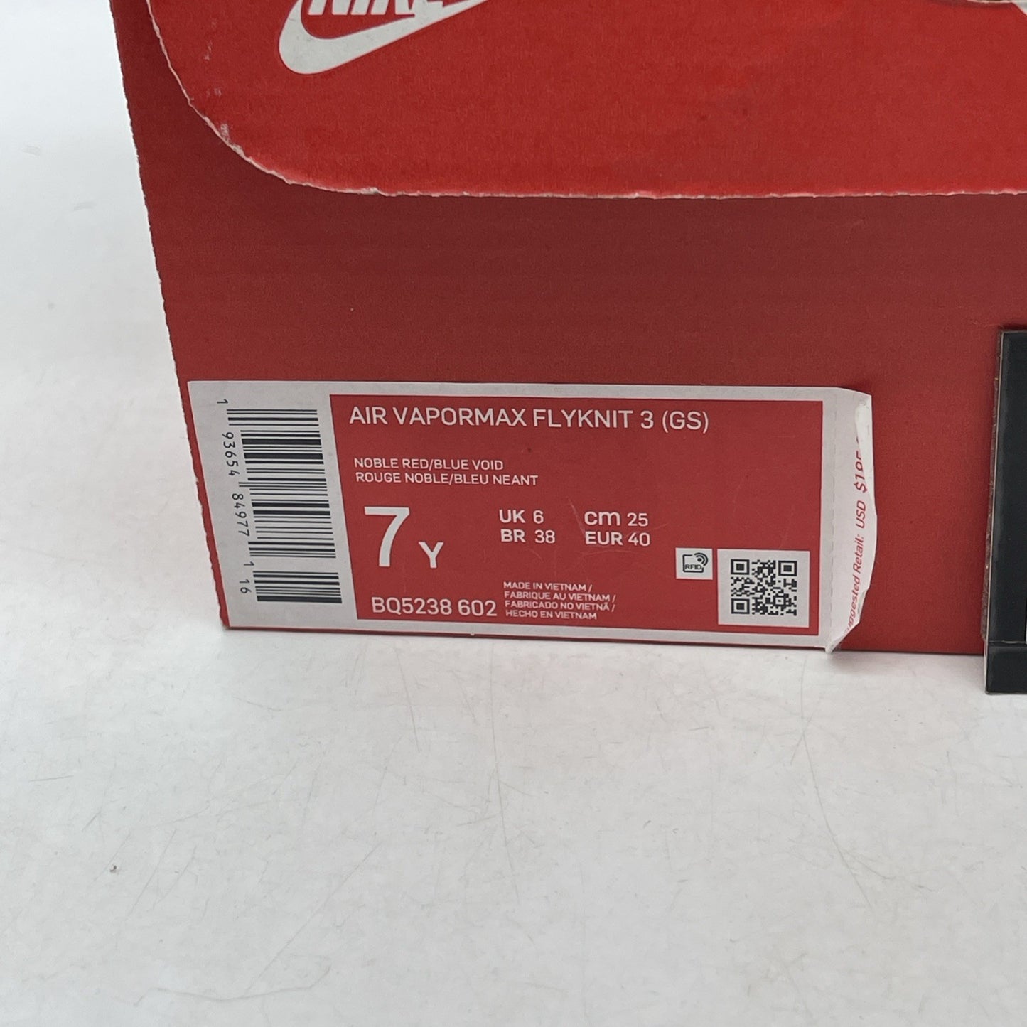 Size 7Y - Nike Air VaporMax Flyknit 3 GS "Noble Red Blue" (BQ5238-602)