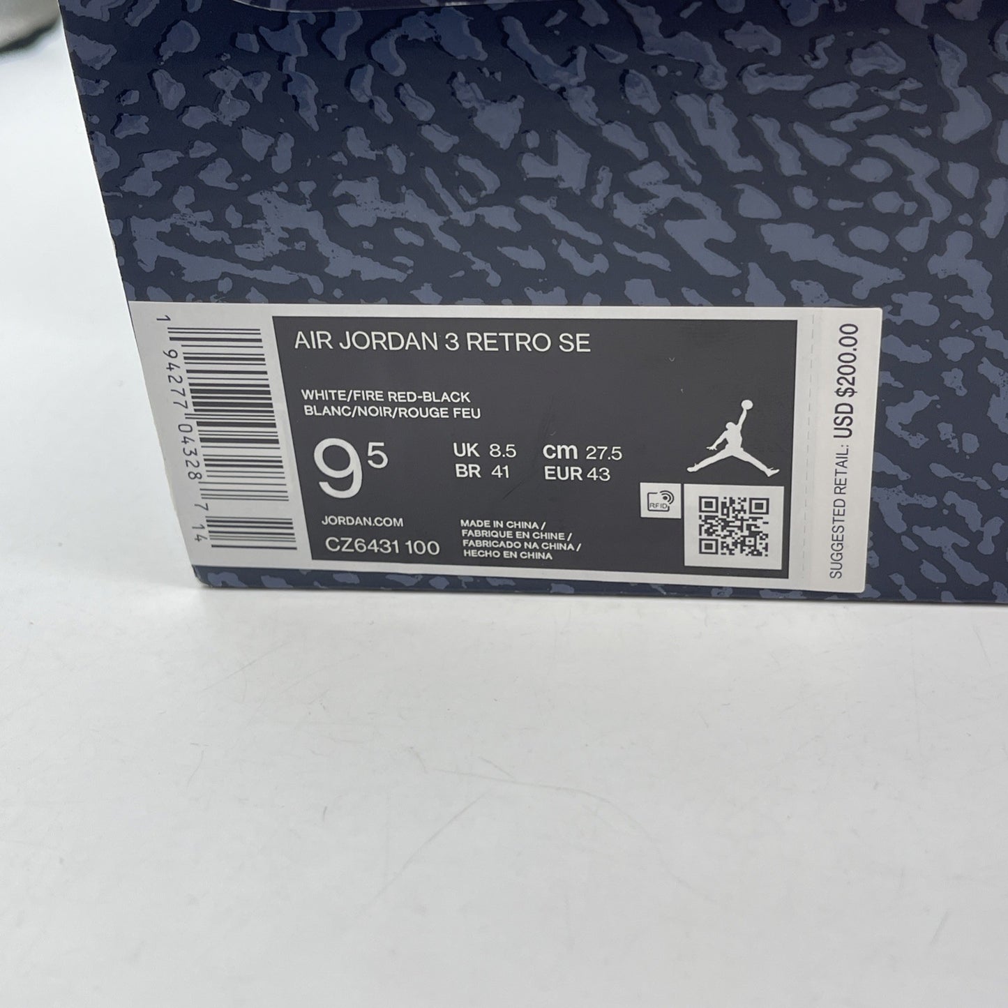 Size 9.5 - Jordan 3 Retro Denim SE Fire Red White Grey Leather (CZ6431-100)