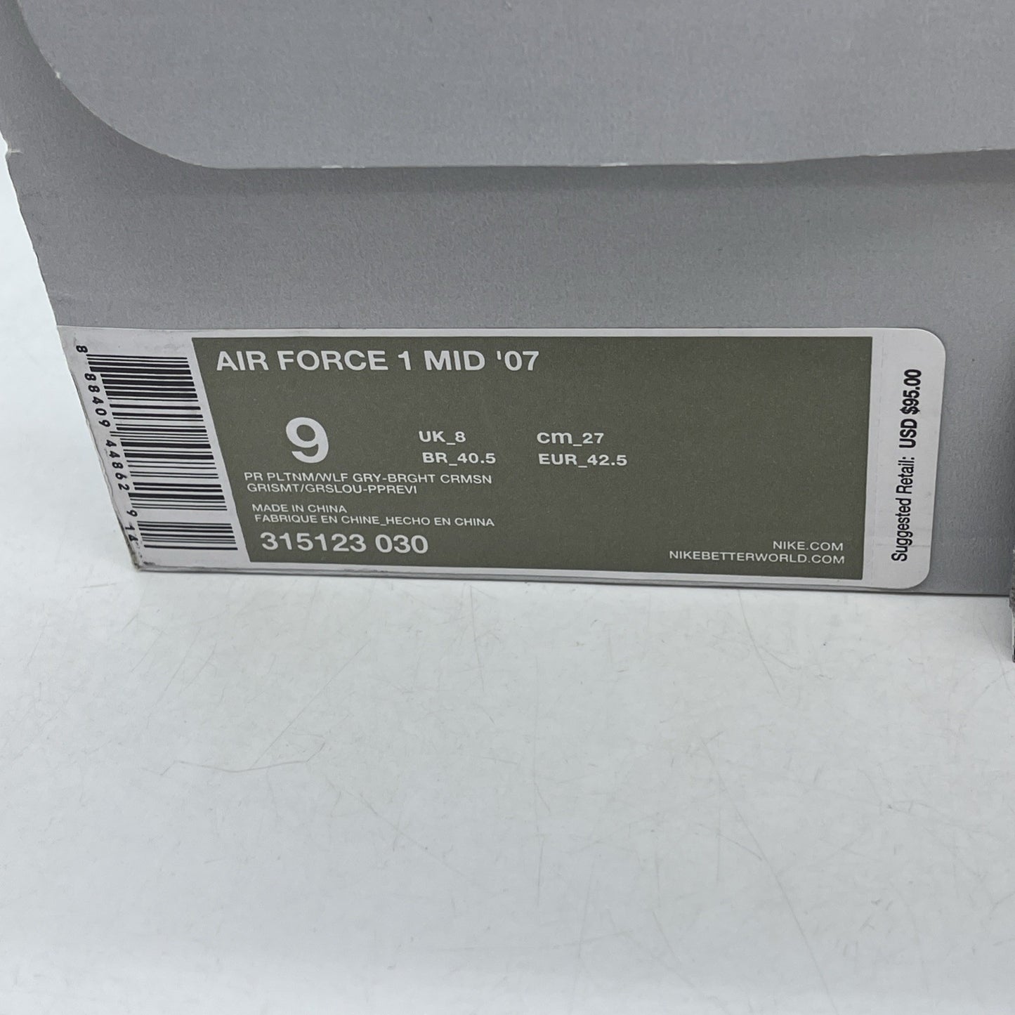 Size 9 - Nike Air Force 1 '07 Mid Pure Platinum Crimson (315123-030)