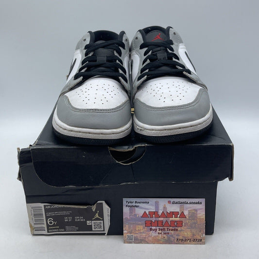 Size 6Y- Jordan 1 Low Light Smoke Grey Black White Red Leather (553560-030)