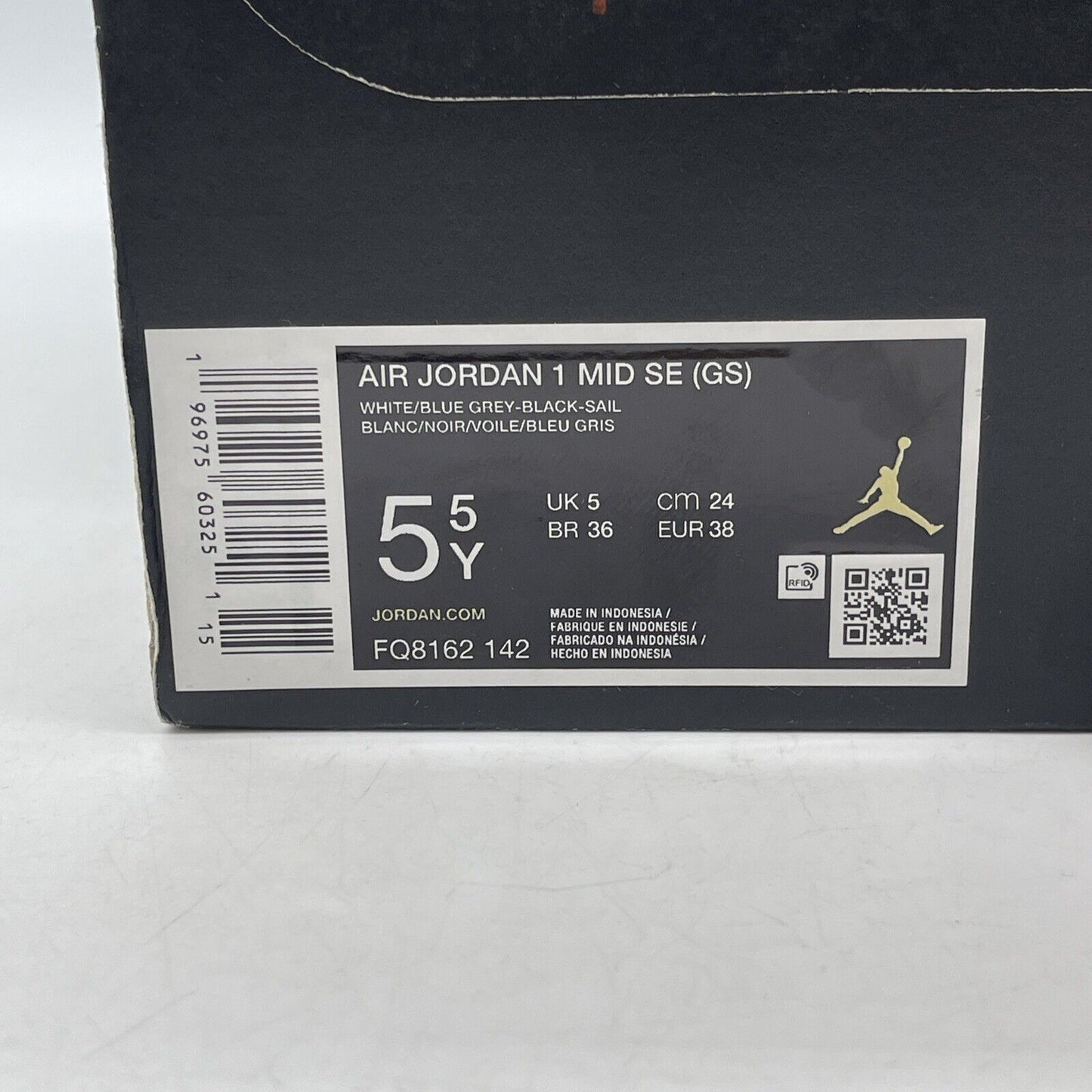 Size 5.5Y - AIR JORDAN 1 MID SE_WHITE/BLUE GREY BLACK Leather (FQ8162-142)