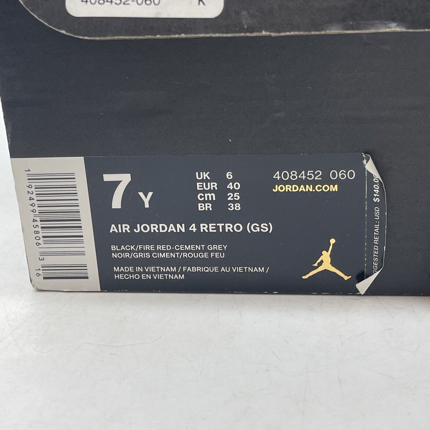 Size 7Y - Jordan 4 Retro Bred Black/Fire Red Cement Suede Rubber (408452-060)