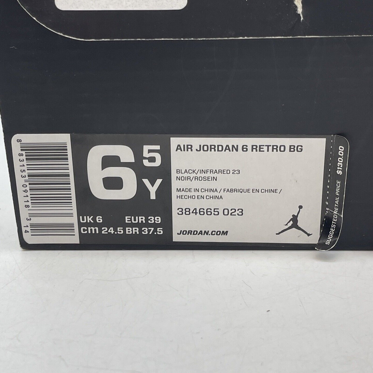 Size 6.5 (GS) - Jordan 6 Retro 2014 Infrared Black Suede Leather (384665-023)