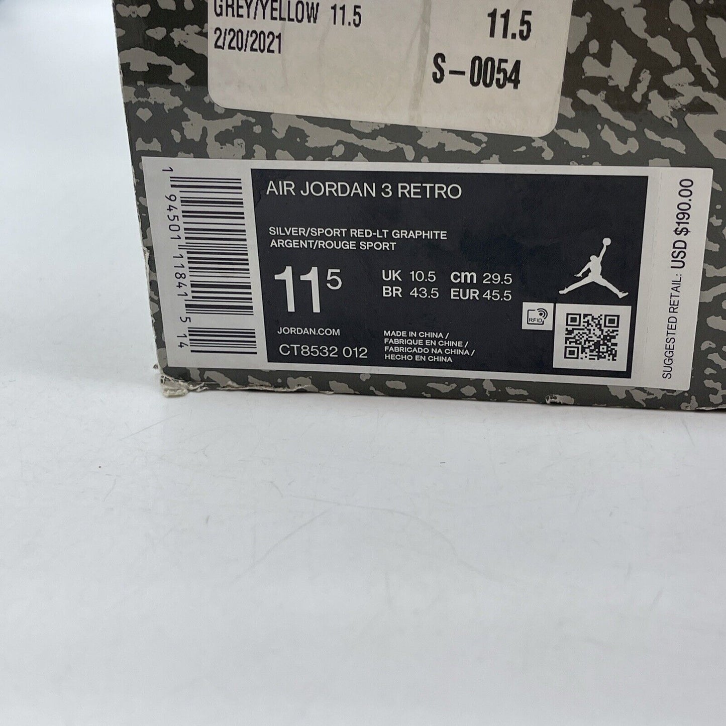 Size 11.5 - Jordan 3 Retro Mid Cool Grey Red White Suede Leather (CT8532-012)