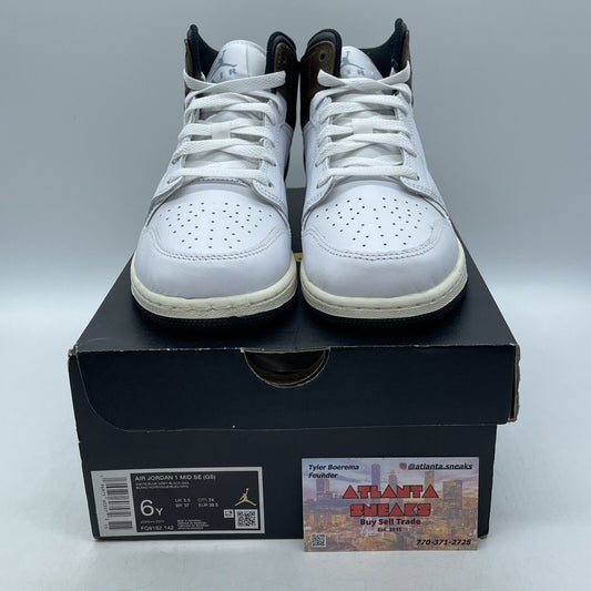 Size 6Y - AIR JORDAN 1 MID SE_WHITE BLUE GREY BLACK Brown Leather (FQ8162-142)
