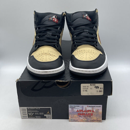 Size 10.5 - Jordan 1 Mid SE Tartan Swoosh Black White Tan Suede (DZ5329-001)