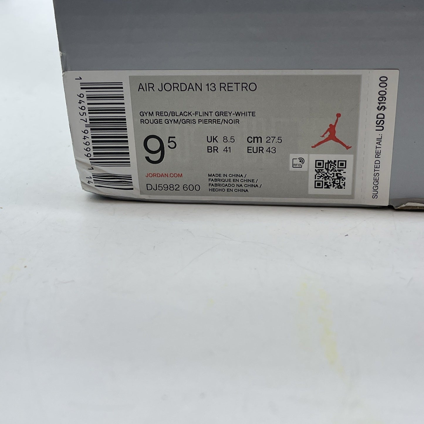 Size 9.5 - Jordan 13 Gym Red Flint Grey White Suede Leather (DJ5982600)