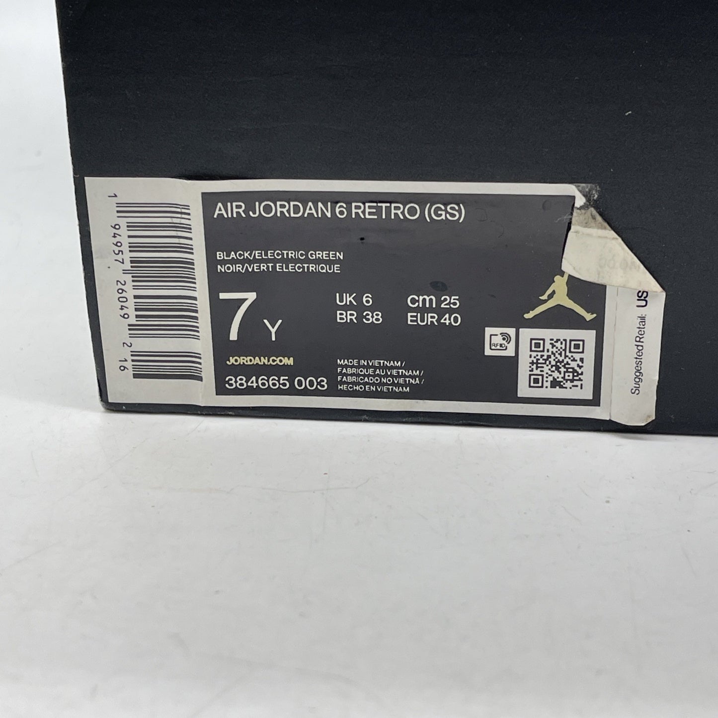 Size 7Y - Jordan 6 Retro Electric Green Black Suede (384665-003)