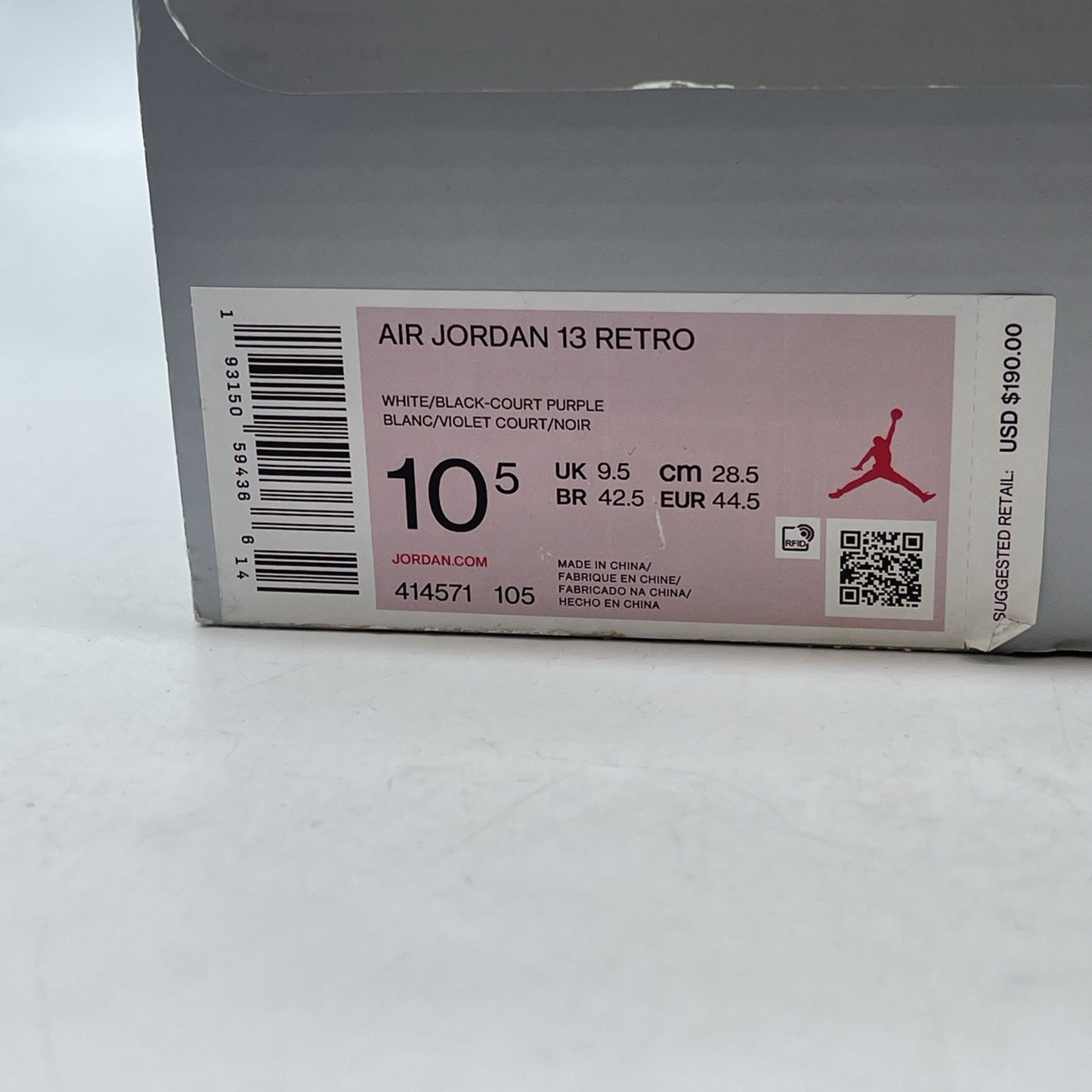 Size 10.5 - Air Jordan 13 Retro Lakers Purple White Leather Suede (414571-105)